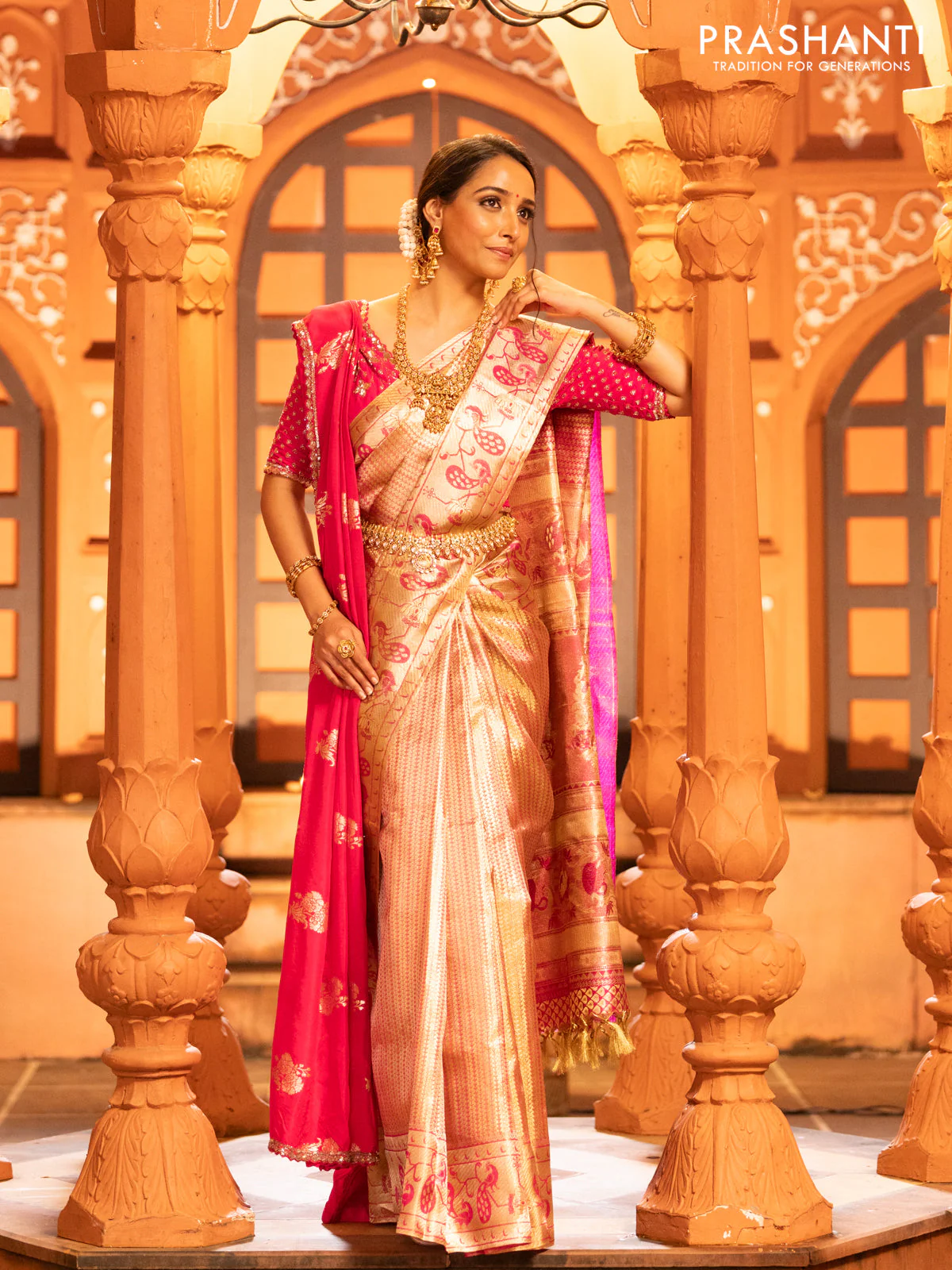 Pure kanchipuram tissue silk saree gold and pink with allover zari woven brocade weaves and zari woven paithani style border - Image 2
