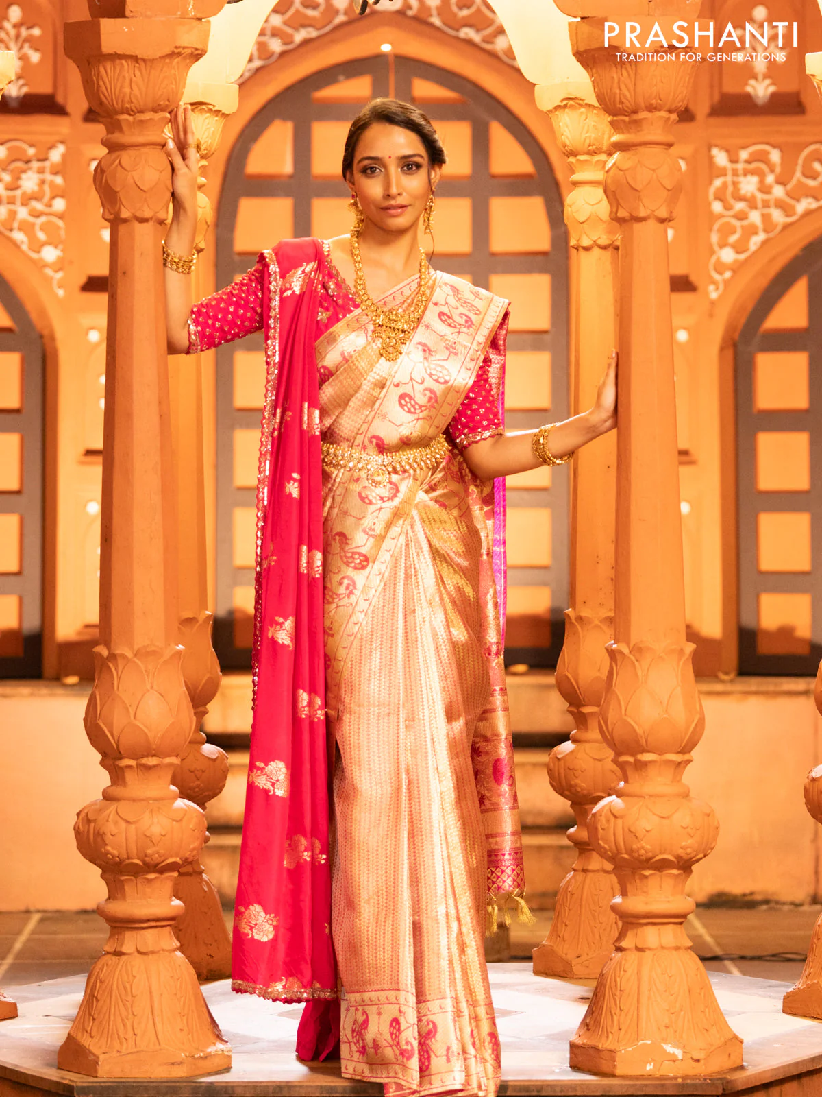 Pure kanchipuram tissue silk saree gold and pink with allover zari woven brocade weaves and zari woven paithani style border - Image 3