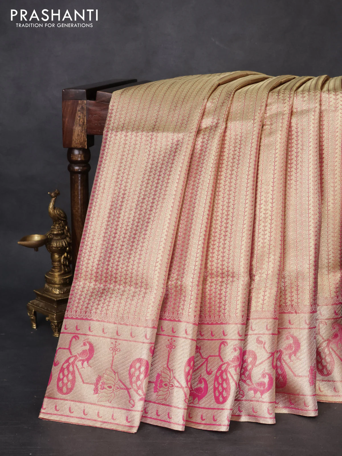 Pure kanchipuram tissue silk saree gold and pink with allover zari woven brocade weaves and zari woven paithani style border - Image 5