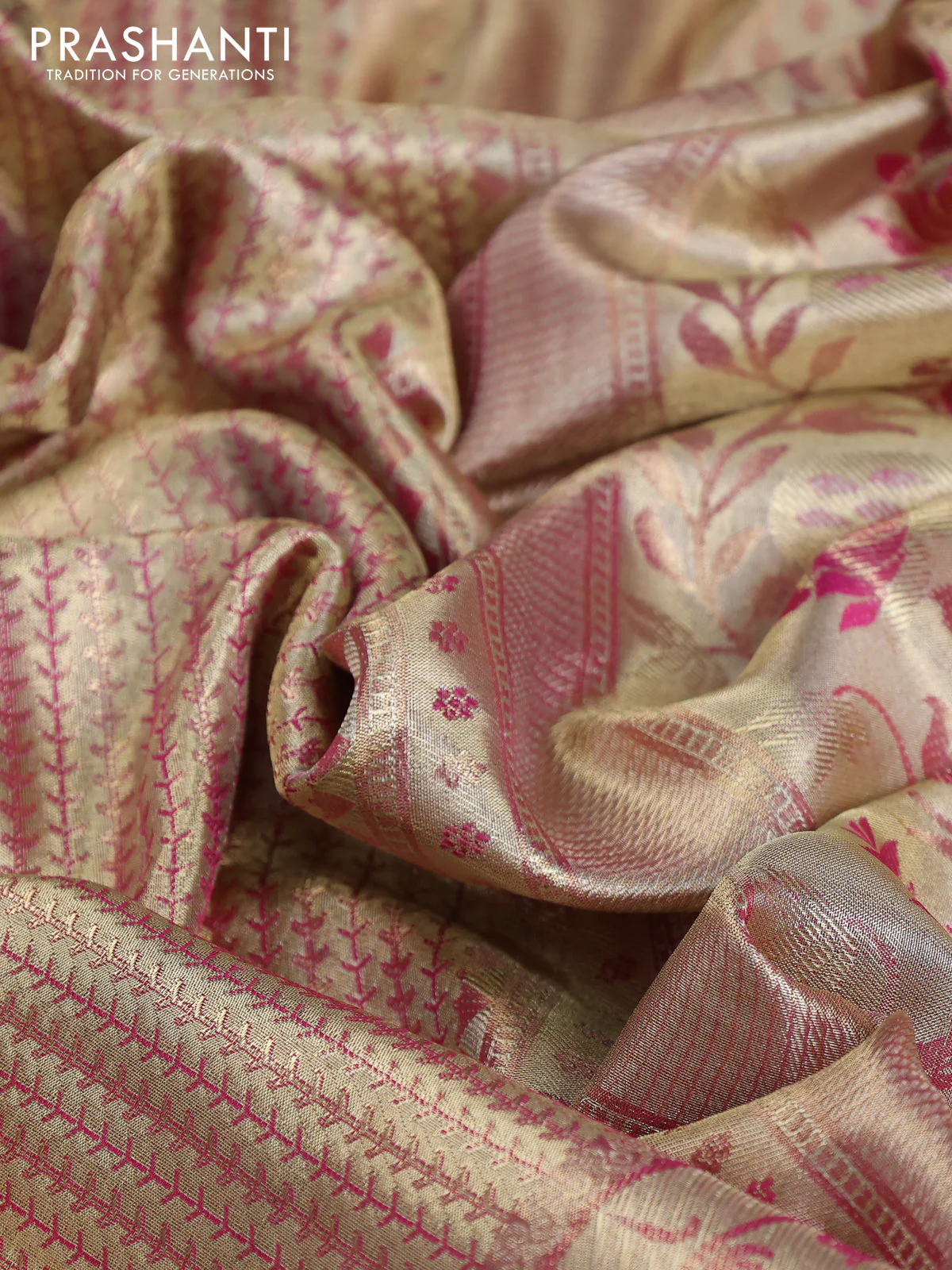 Pure kanchipuram tissue silk saree gold and pink with allover zari woven brocade weaves and zari woven paithani style border - Image 7