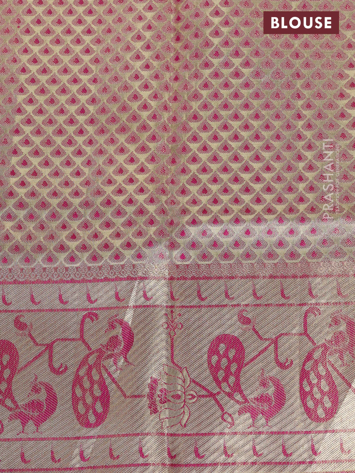 Pure kanchipuram tissue silk saree gold and pink with allover zari woven brocade weaves and zari woven paithani style border - Image 8