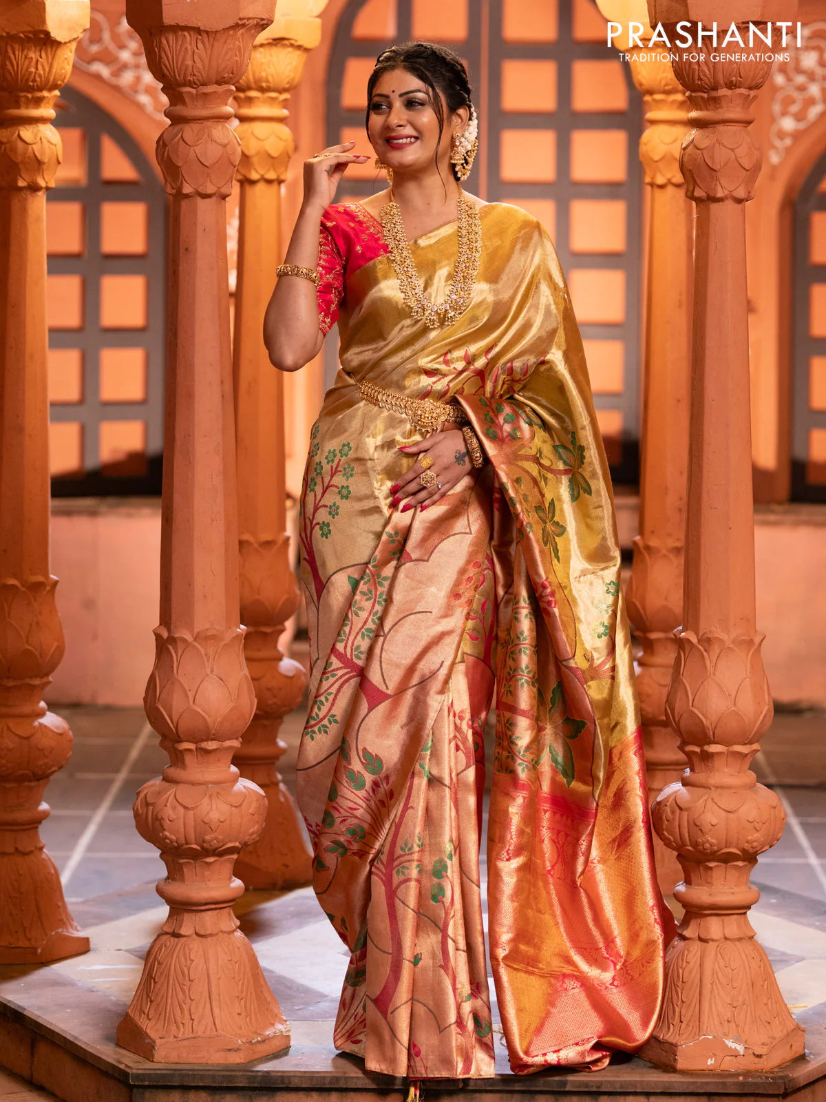 Pure kanchipuram tissue silk saree gold and pink with zari woven nature inspired motifs in borderless style