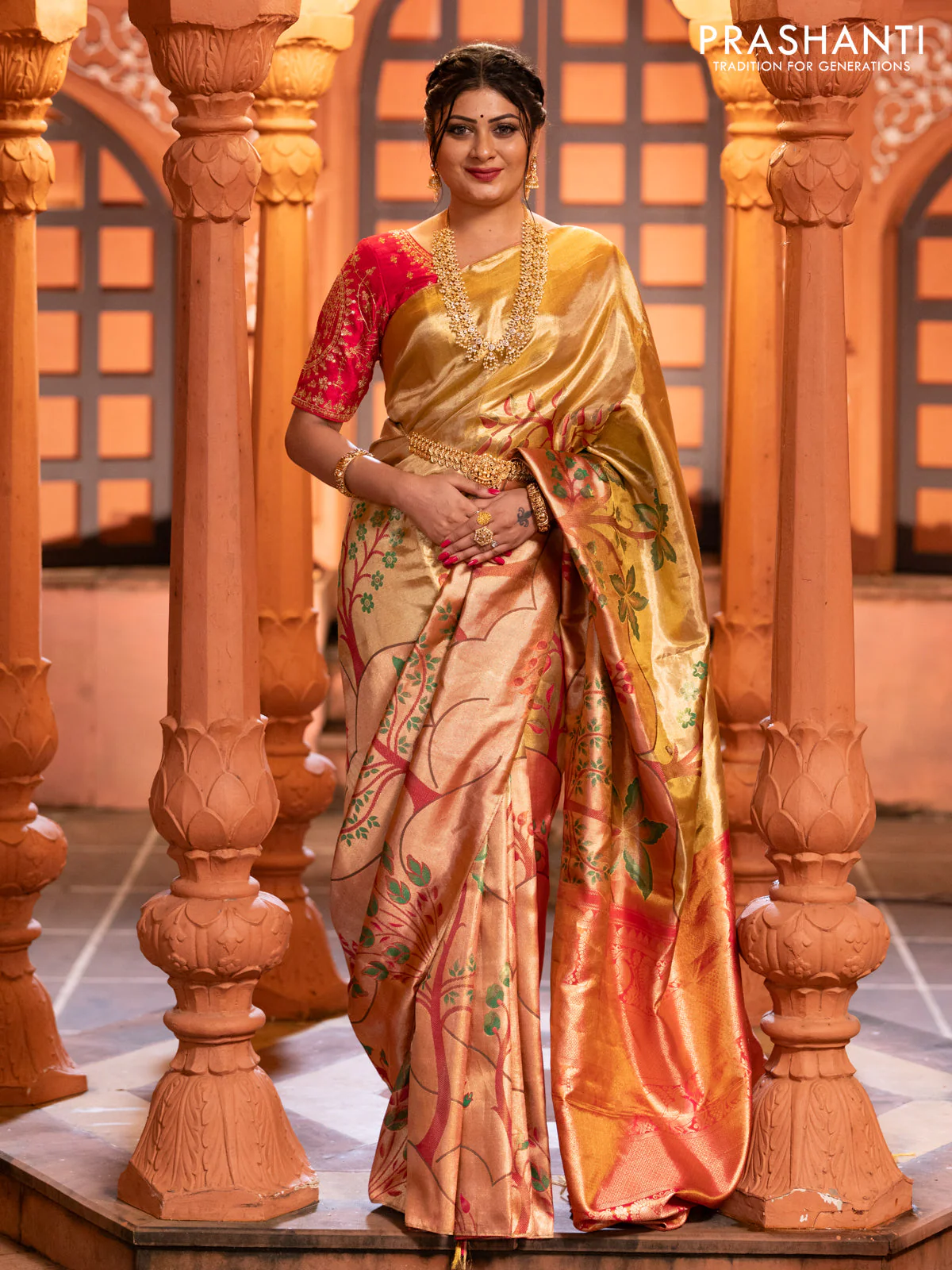 Pure kanchipuram tissue silk saree gold and pink with zari woven nature inspired motifs in borderless style - Image 2