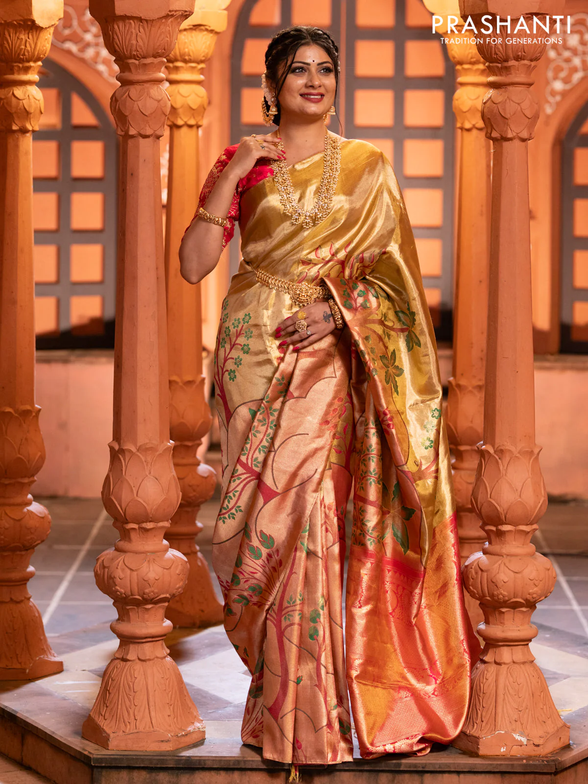 Pure kanchipuram tissue silk saree gold and pink with zari woven nature inspired motifs in borderless style - Image 3