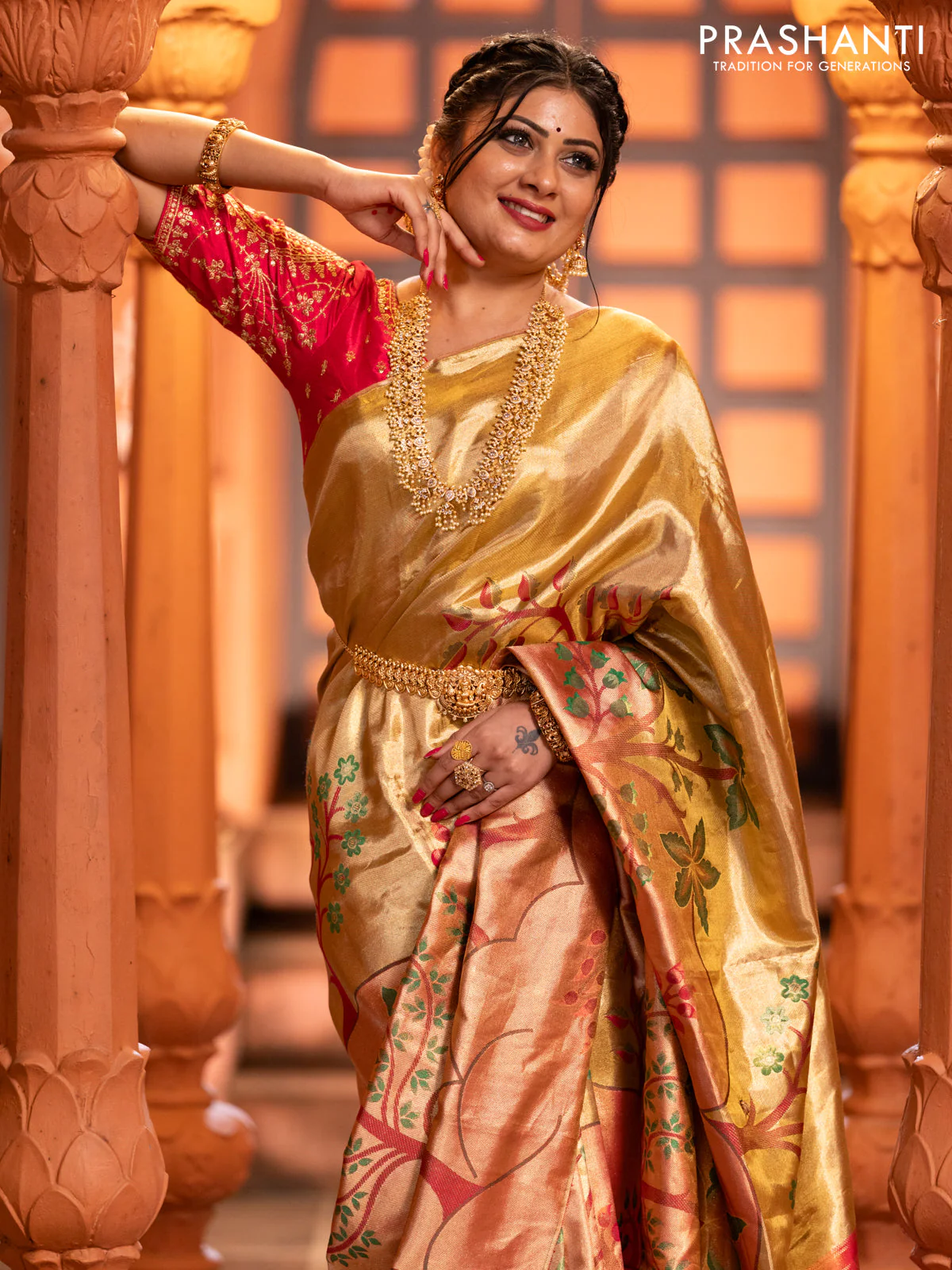 Pure kanchipuram tissue silk saree gold and pink with zari woven nature inspired motifs in borderless style - Image 4