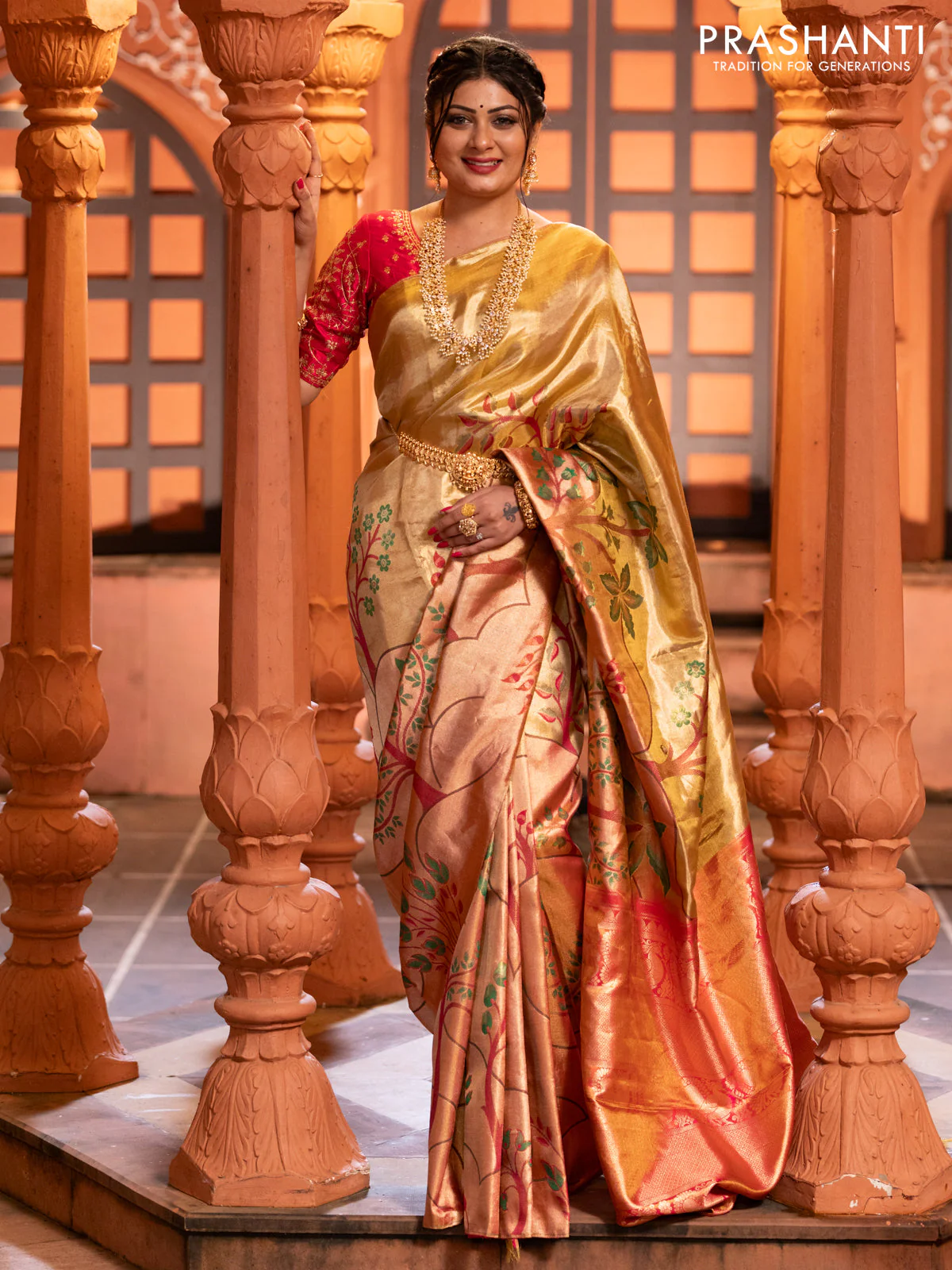 Pure kanchipuram tissue silk saree gold and pink with zari woven nature inspired motifs in borderless style - Image 5
