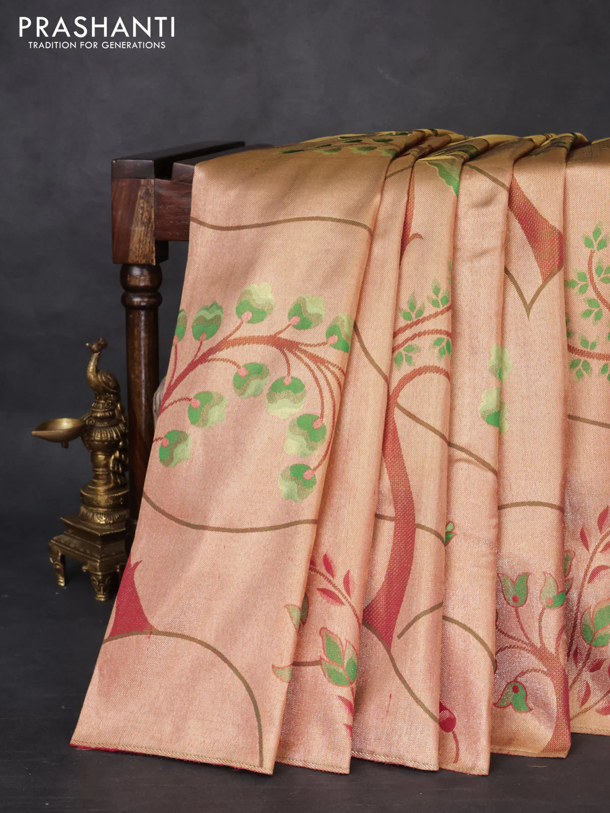 Pure kanchipuram tissue silk saree gold and pink with zari woven nature inspired motifs in borderless style - Image 6