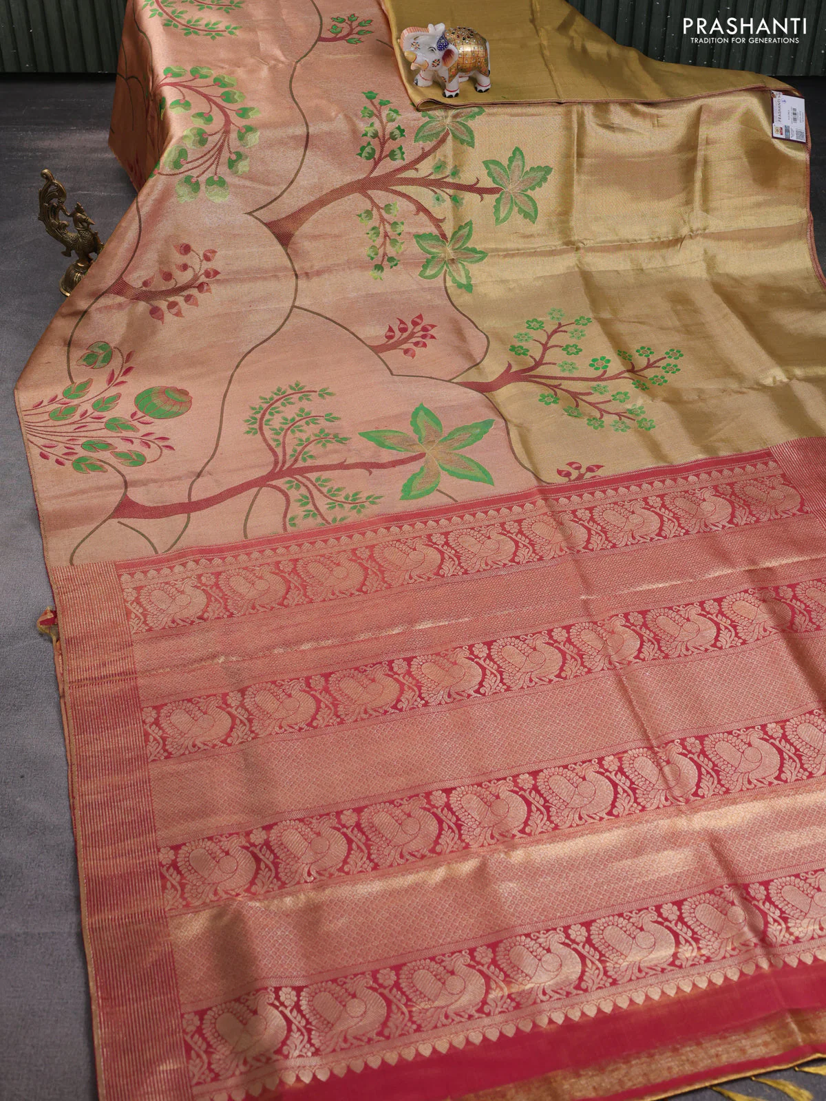 Pure kanchipuram tissue silk saree gold and pink with zari woven nature inspired motifs in borderless style - Image 7