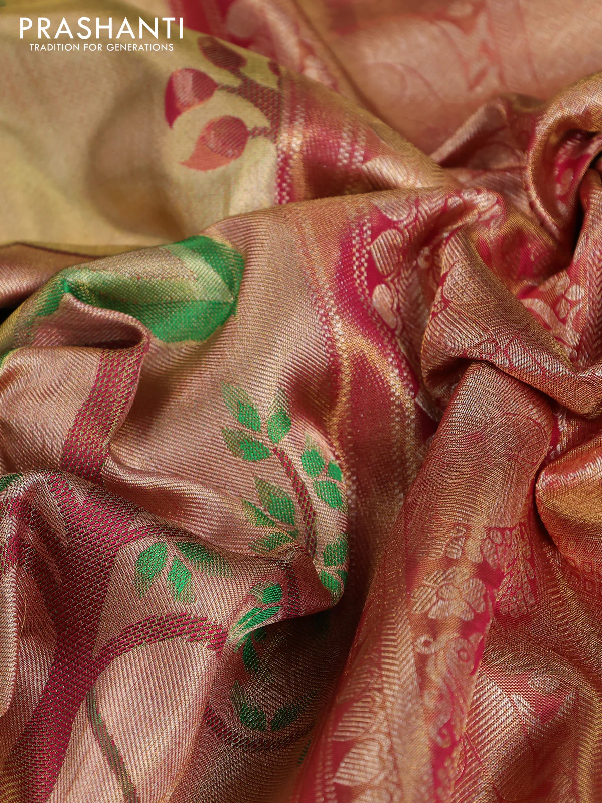 Pure kanchipuram tissue silk saree gold and pink with zari woven nature inspired motifs in borderless style - Image 8