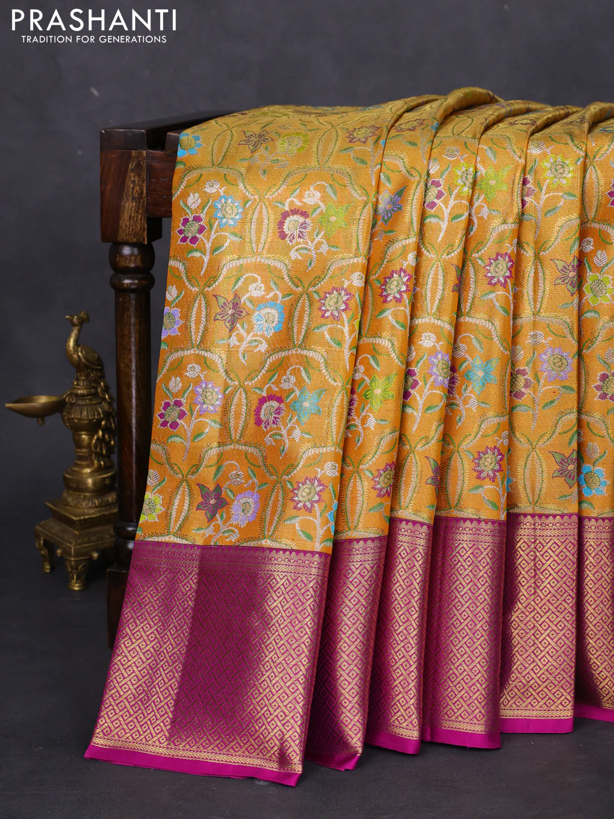 Pure kanchipuram tissue silk saree gold and purple with allover zari woven floral design mina weaves and zari woven border - Image 2