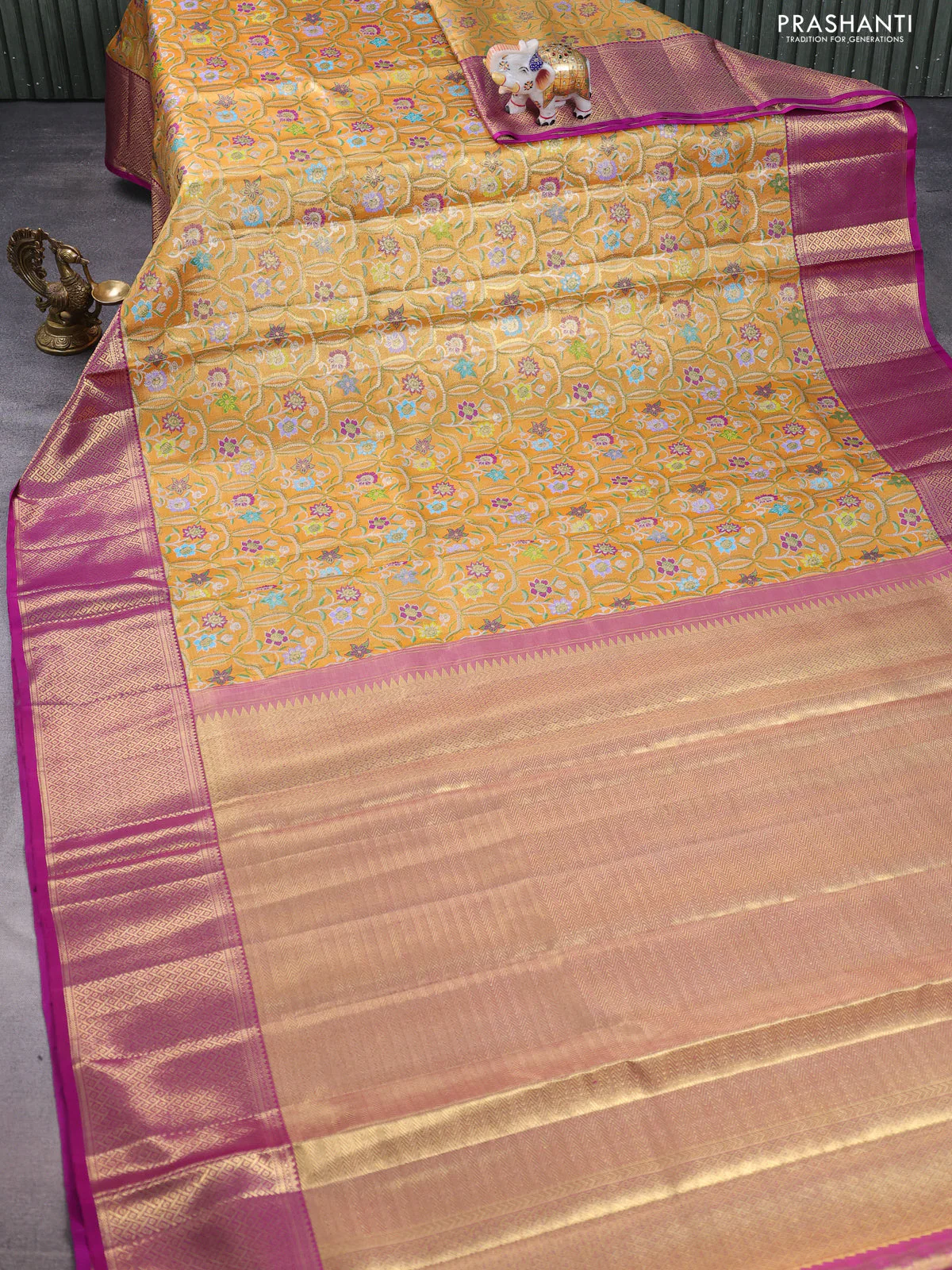 Pure kanchipuram tissue silk saree gold and purple with allover zari woven floral design mina weaves and zari woven border - Image 3