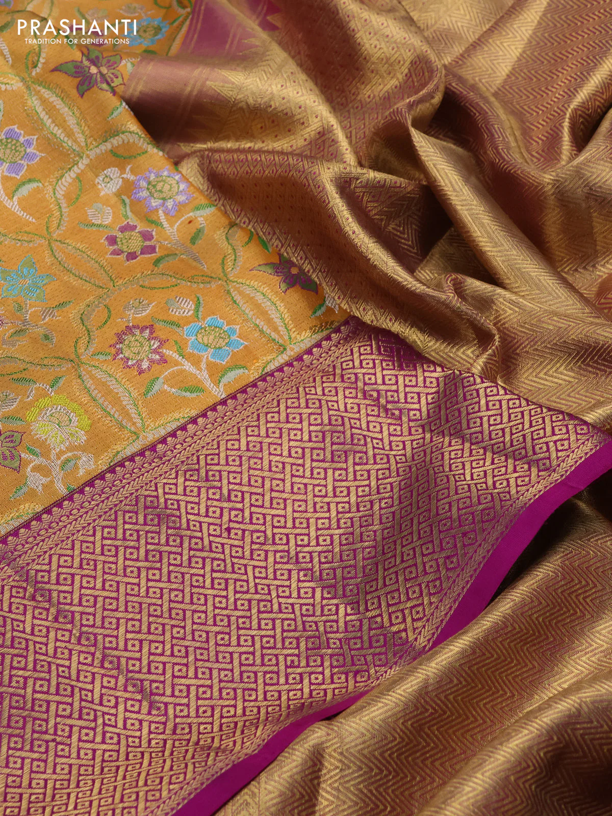 Pure kanchipuram tissue silk saree gold and purple with allover zari woven floral design mina weaves and zari woven border - Image 4