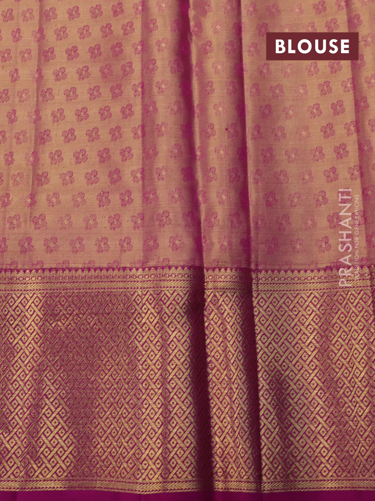 Pure kanchipuram tissue silk saree gold and purple with allover zari woven floral design mina weaves and zari woven border - Image 5