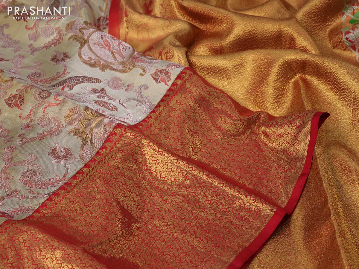 Pure kanchipuram tissue silk saree gold and red with allover thread & zari woven brocade weaves and long rich zari woven border - Image 3