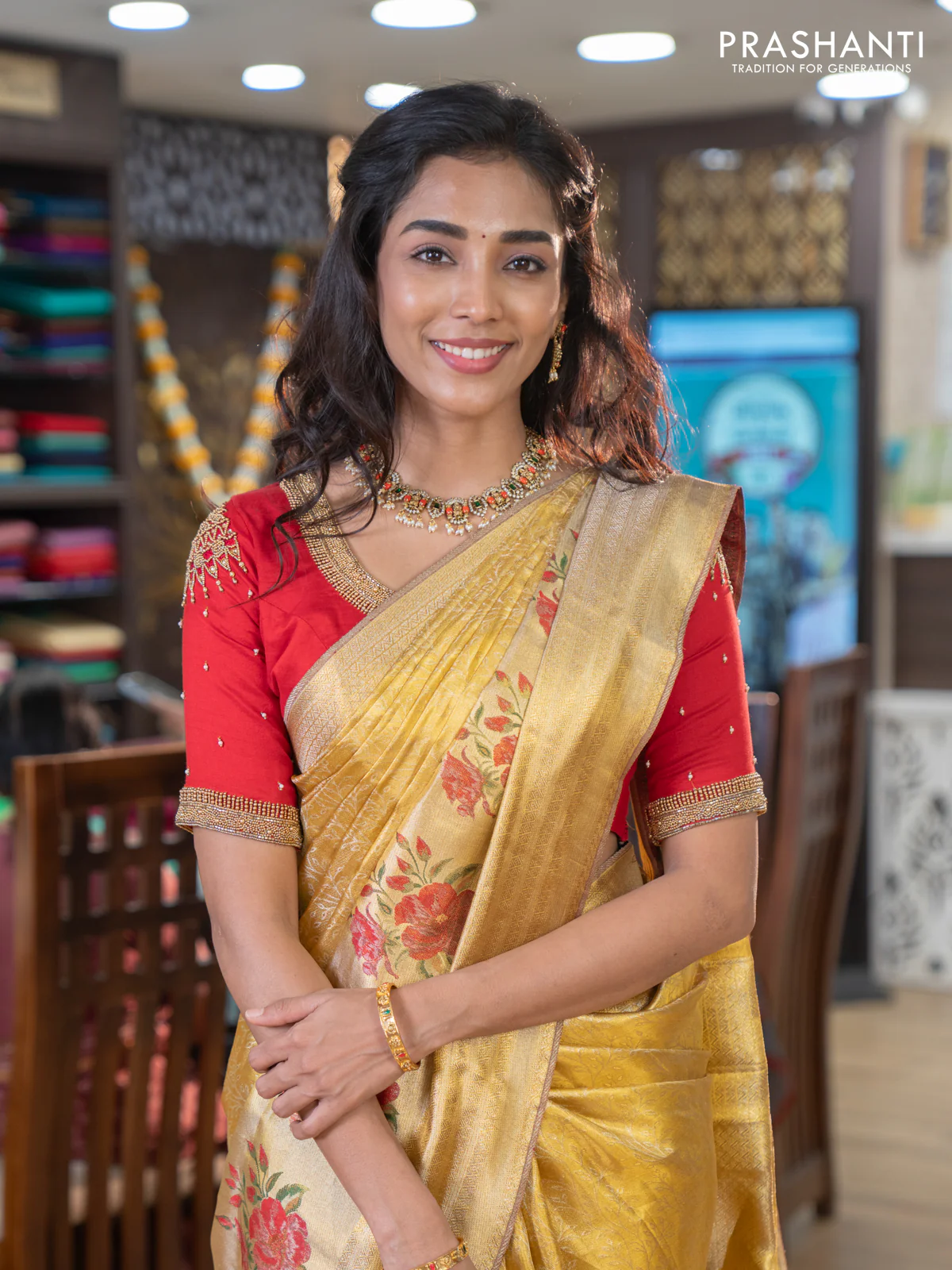Pure kanchipuram tissue silk saree gold and red with allover zari weaves and floral design butta border - Image 3