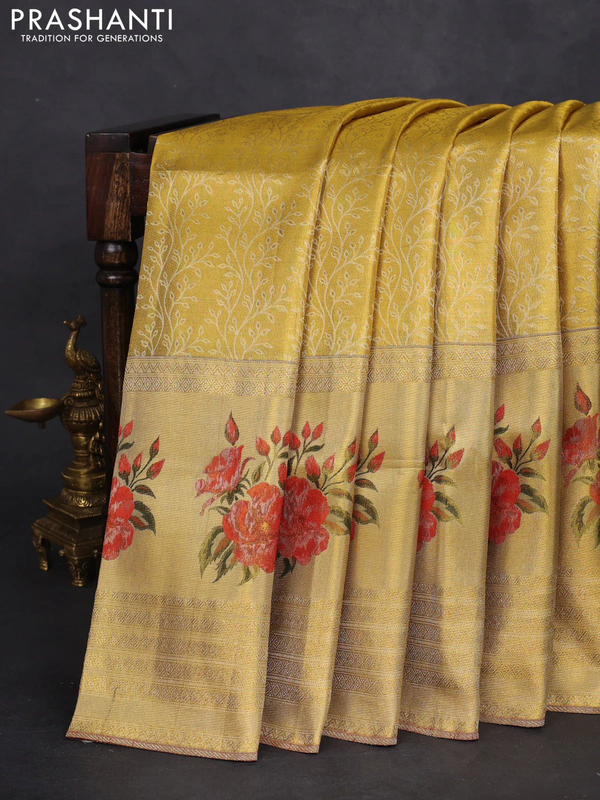 Pure kanchipuram tissue silk saree gold and red with allover zari weaves and floral design butta border - Image 5