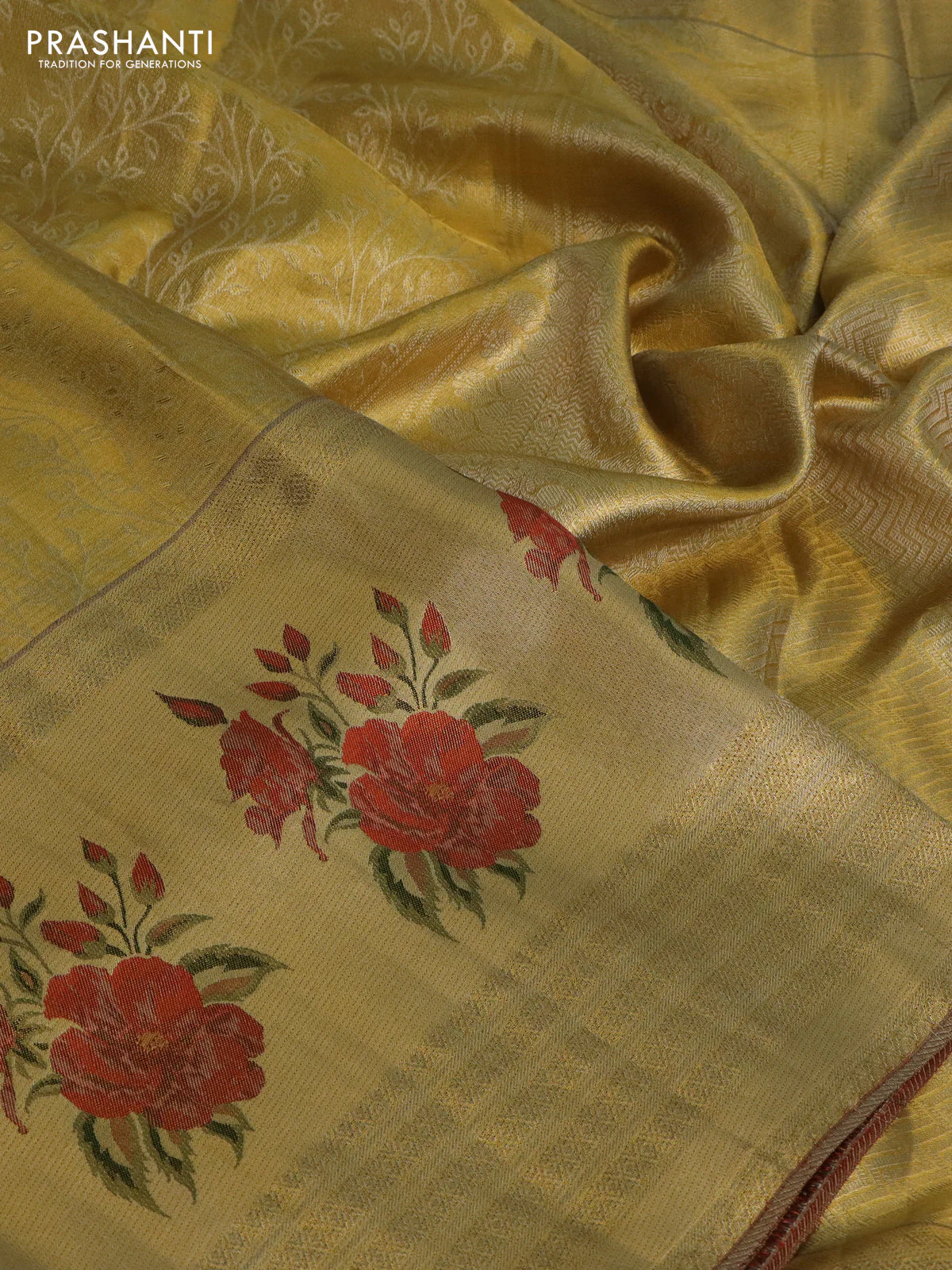 Pure kanchipuram tissue silk saree gold and red with allover zari weaves and floral design butta border - Image 7