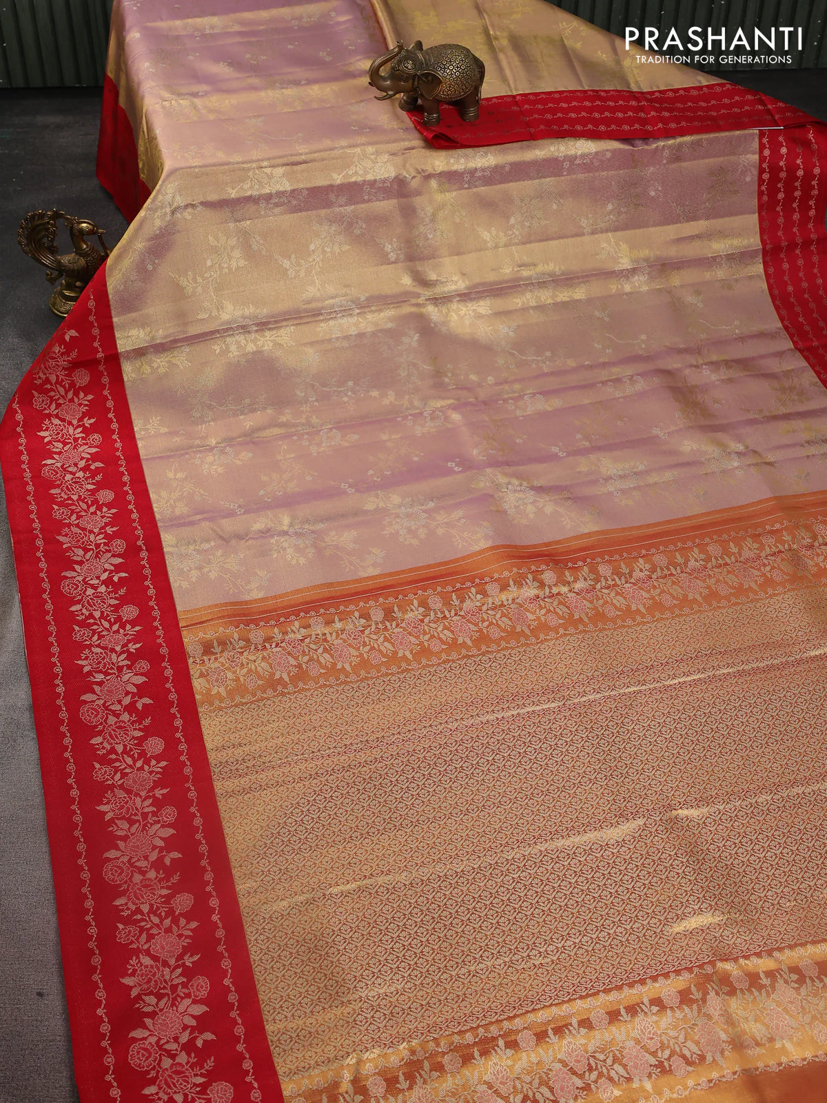 Pure kanchipuram Tissue silk saree gold and red with allover zari weaves and floral design zari border - Image 2