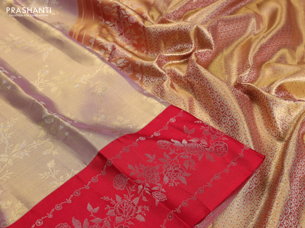 Pure kanchipuram Tissue silk saree gold and red with allover zari weaves and floral design zari border - Image 3