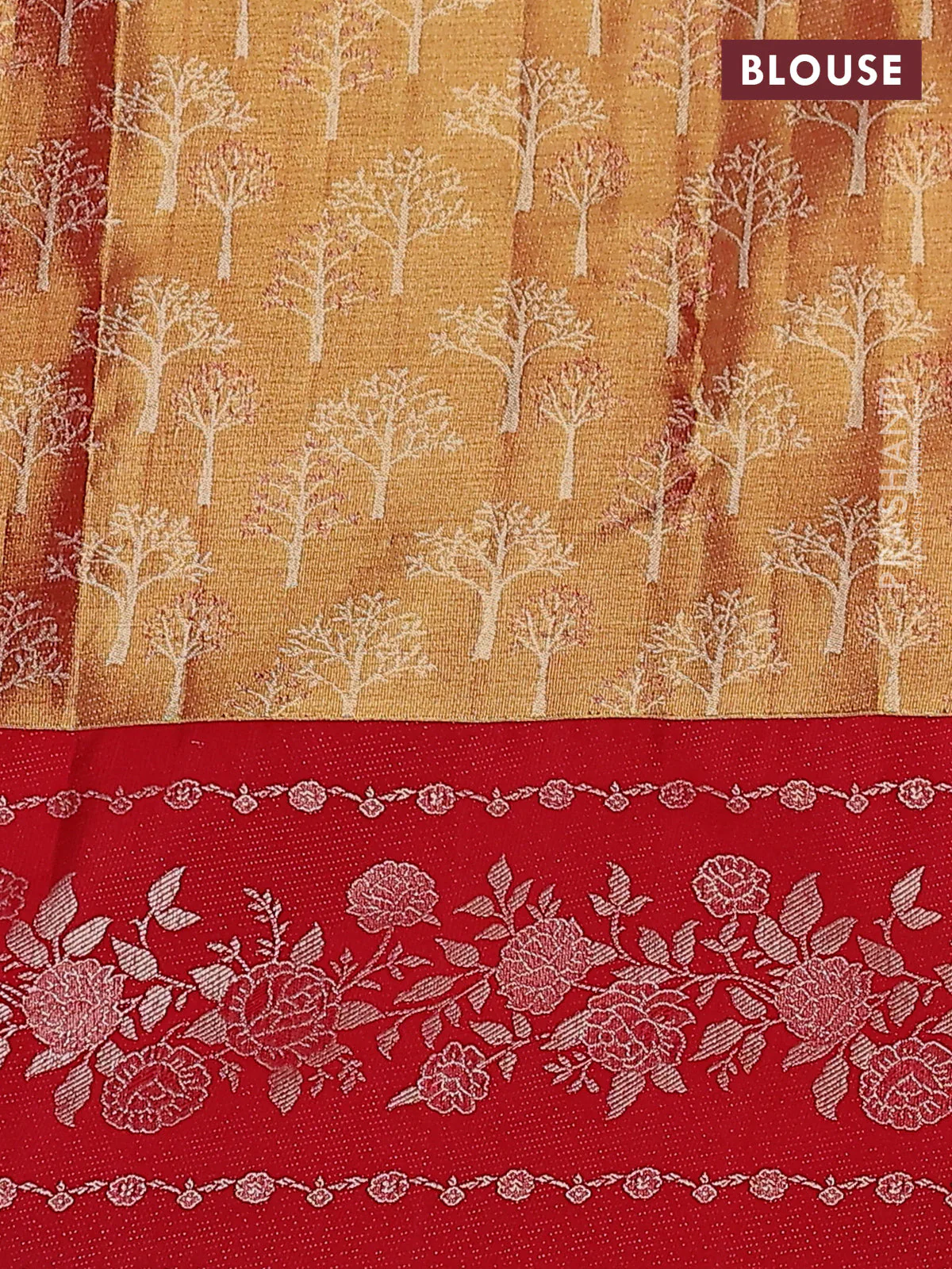 Pure kanchipuram Tissue silk saree gold and red with allover zari weaves and floral design zari border - Image 4