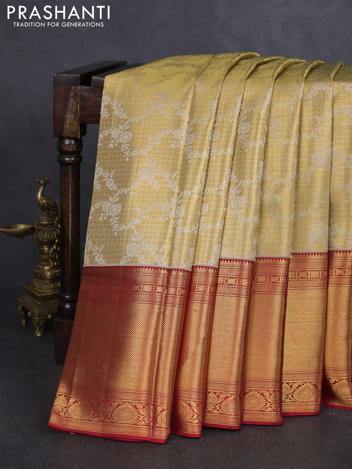 Pure kanchipuram tissue silk saree gold and red with allover zari woven brocade weaves and long rich zari woven border