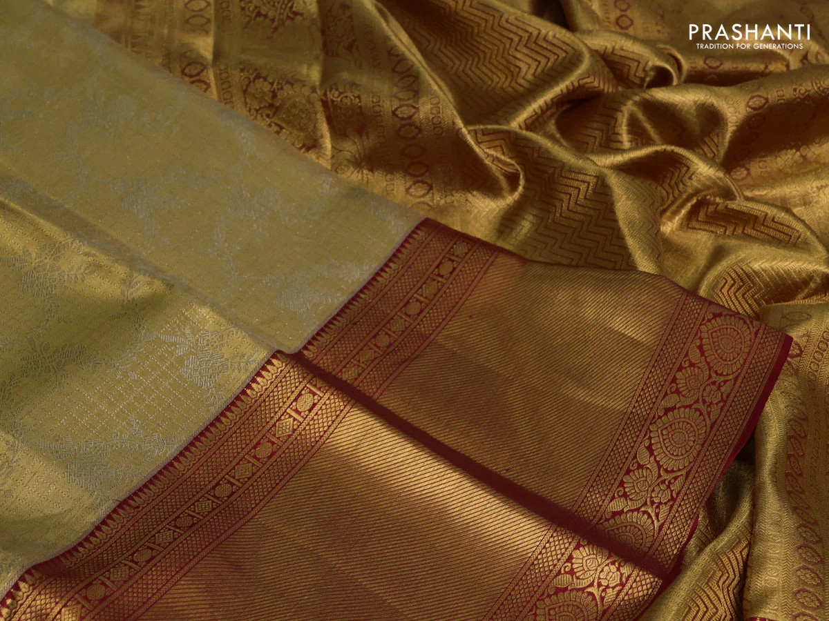 Pure kanchipuram tissue silk saree gold and red with allover zari woven brocade weaves and long rich zari woven border - Image 3