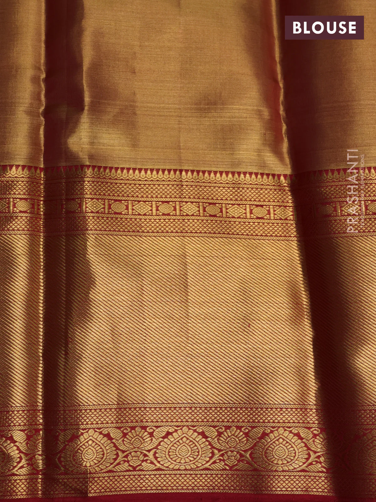 Pure kanchipuram tissue silk saree gold and red with allover zari woven brocade weaves and long rich zari woven border - Image 4