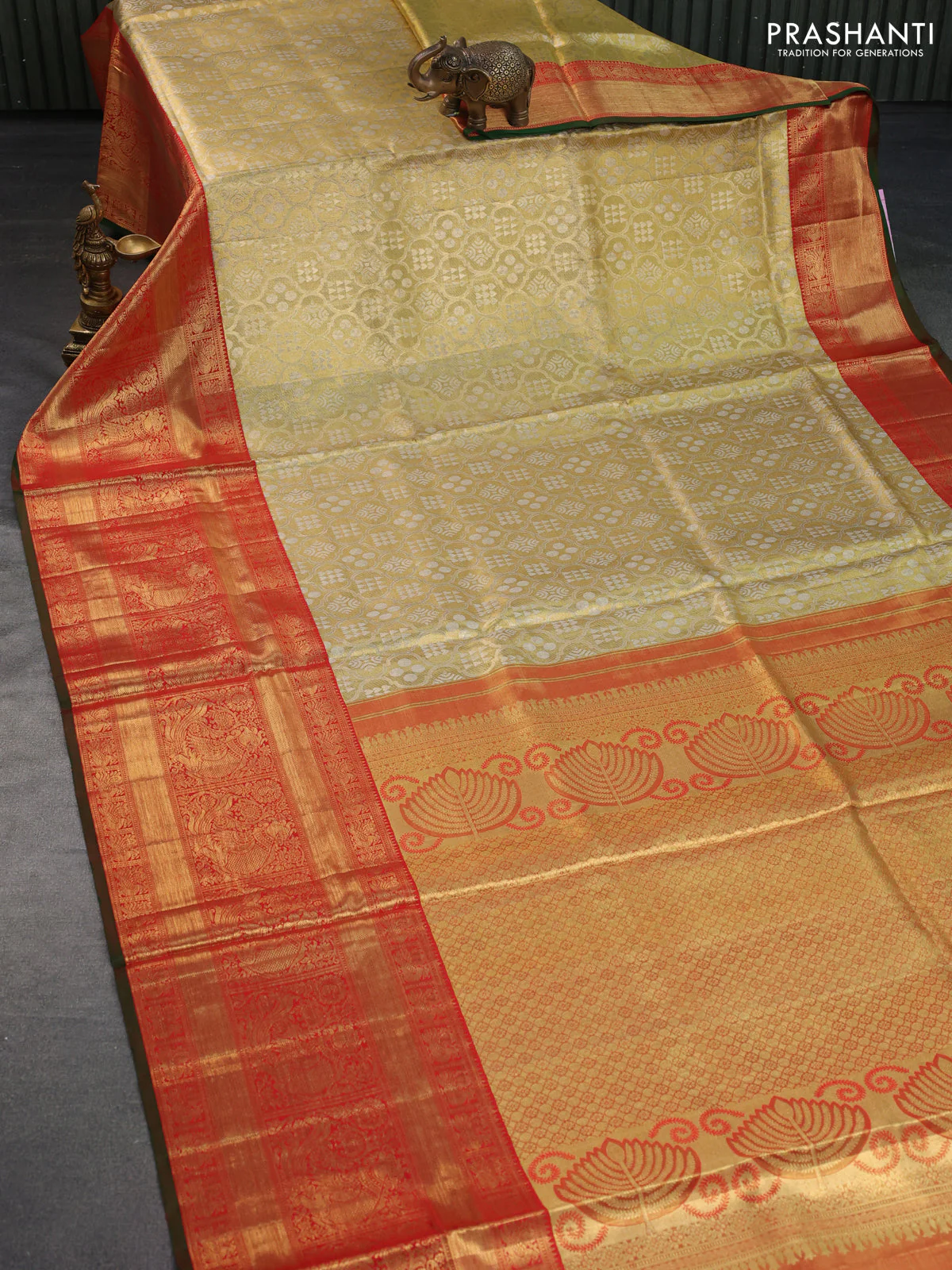 Pure kanchipuram tissue silk saree gold and red with allover zari woven brocade weaves and long rich zari woven border - Image 2
