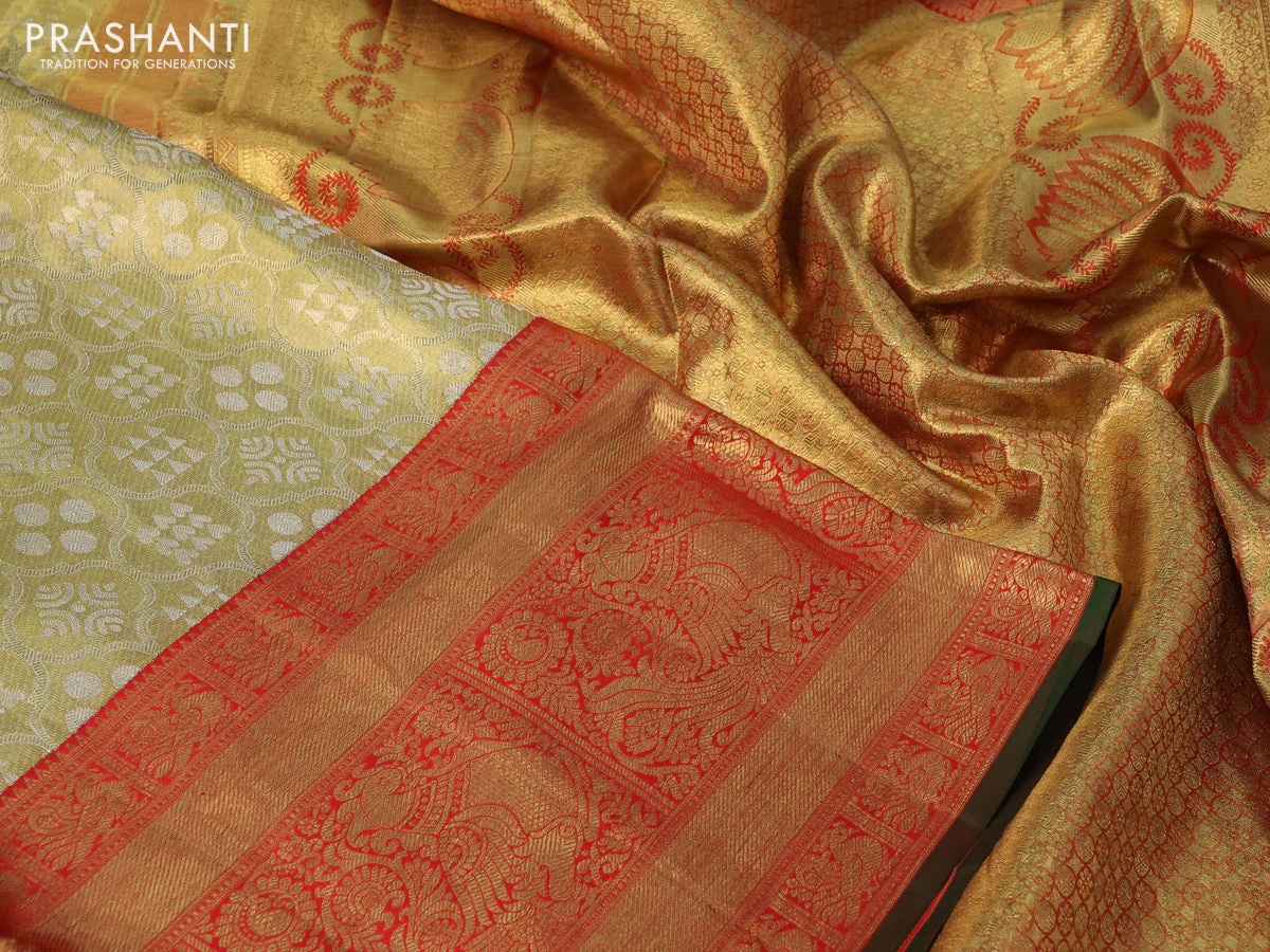 Pure kanchipuram tissue silk saree gold and red with allover zari woven brocade weaves and long rich zari woven border - Image 3