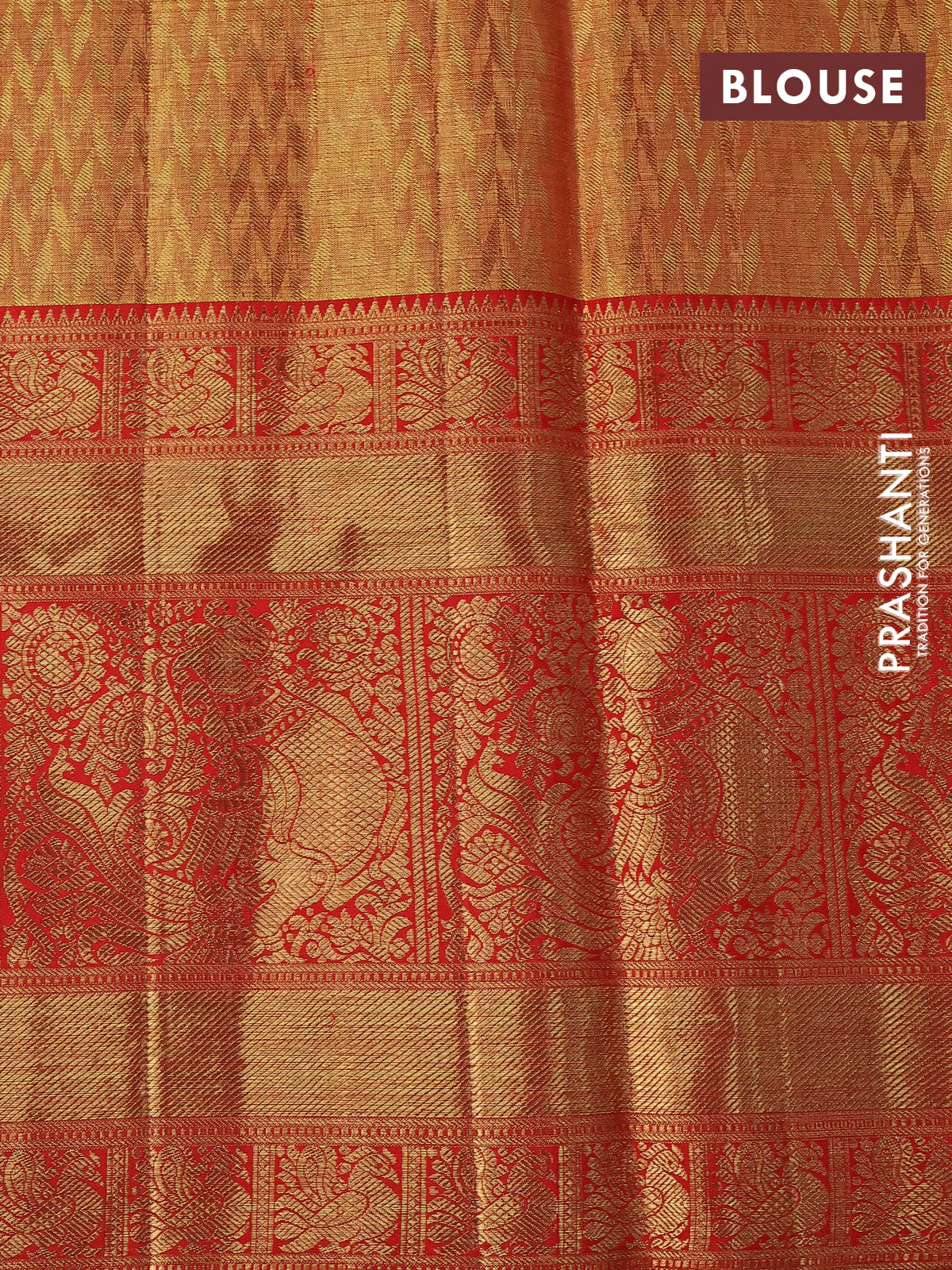 Pure kanchipuram tissue silk saree gold and red with allover zari woven brocade weaves and long rich zari woven border - Image 4