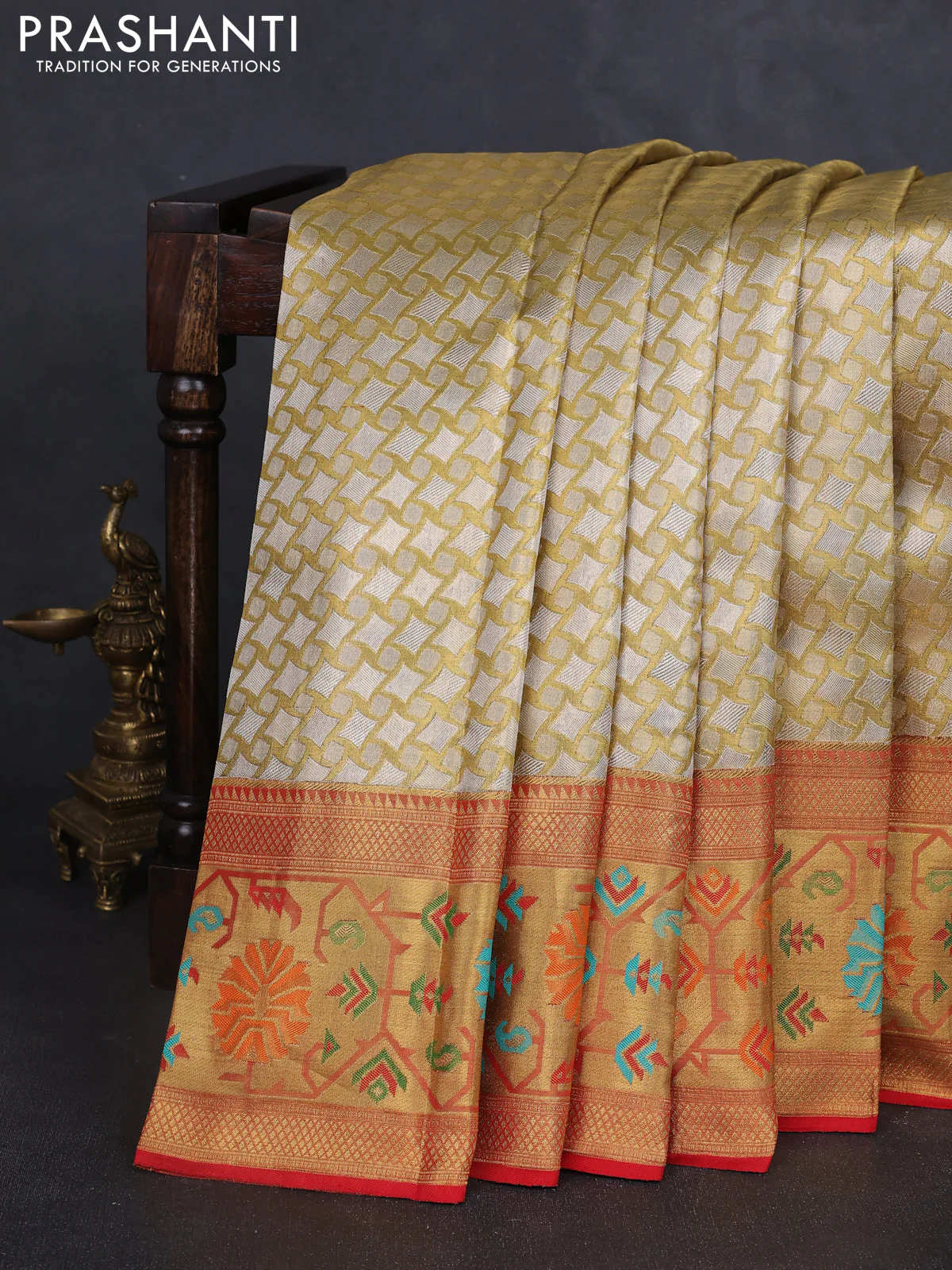 Pure kanchipuram tissue silk saree gold and red with allover zari woven geometric brocade weaves and zari woven paithani style border