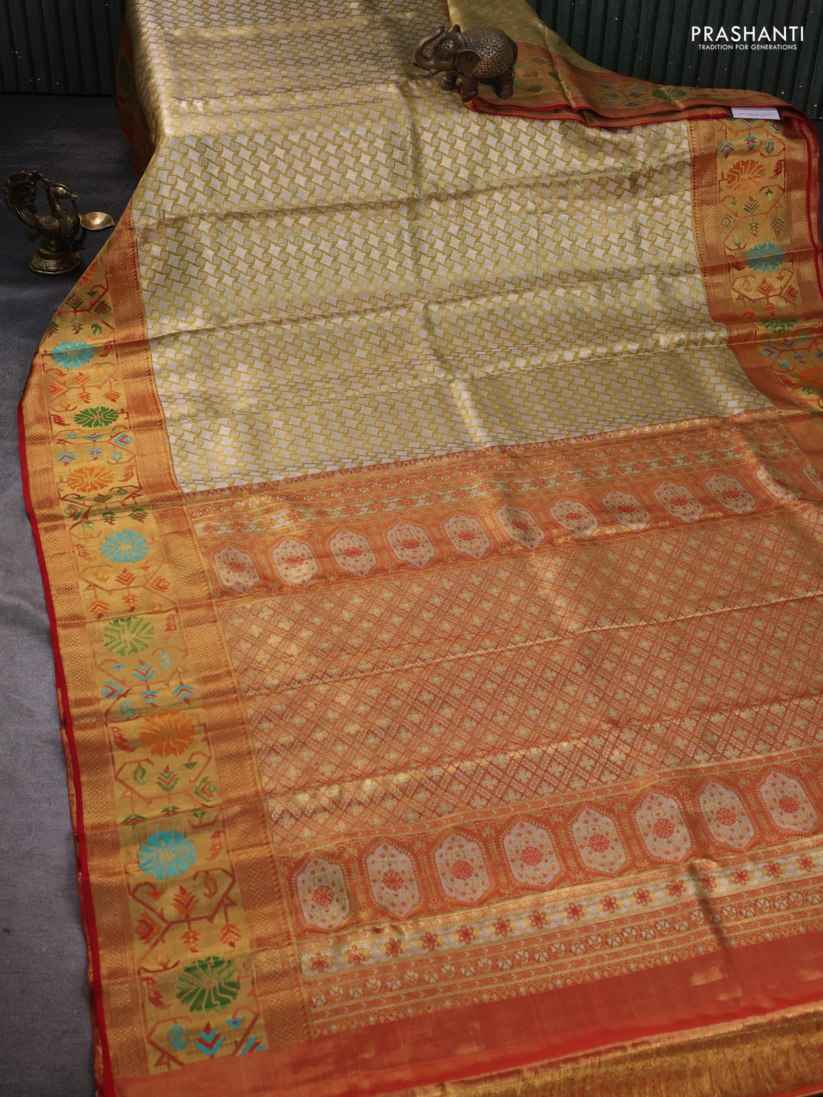 Pure kanchipuram tissue silk saree gold and red with allover zari woven geometric brocade weaves and zari woven paithani style border - Image 2