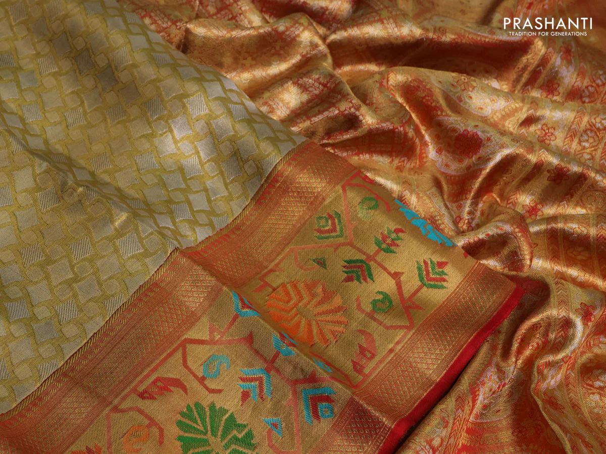 Pure kanchipuram tissue silk saree gold and red with allover zari woven geometric brocade weaves and zari woven paithani style border - Image 3