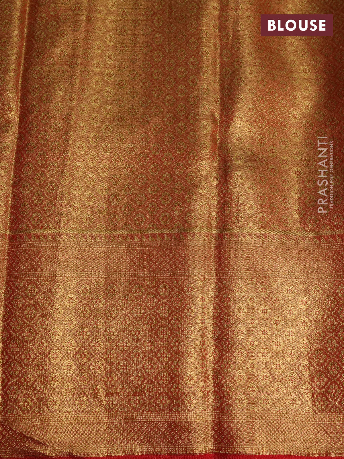 Pure kanchipuram tissue silk saree gold and red with allover zari woven geometric brocade weaves and zari woven paithani style border - Image 4