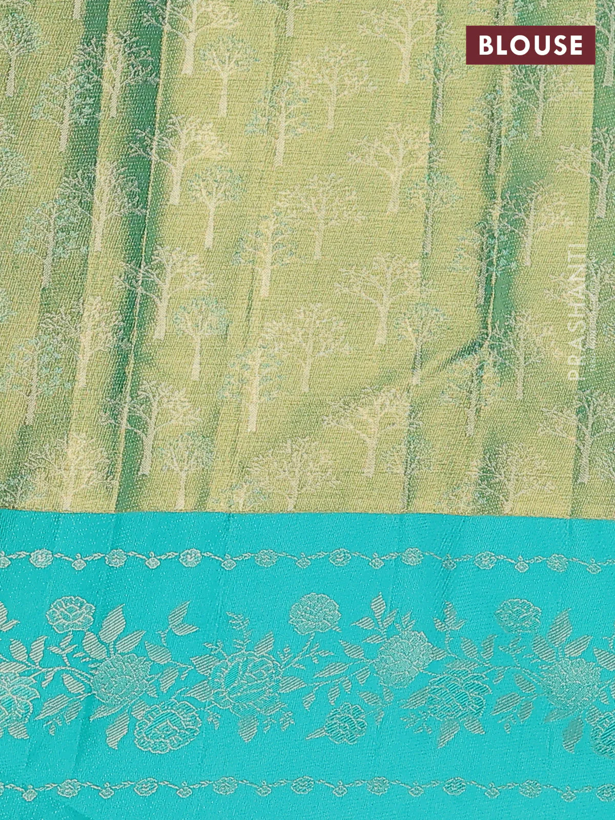 Pure kanchipuram Tissue silk saree gold and teal green with allover zari weaves and floral design zari border - Image 4