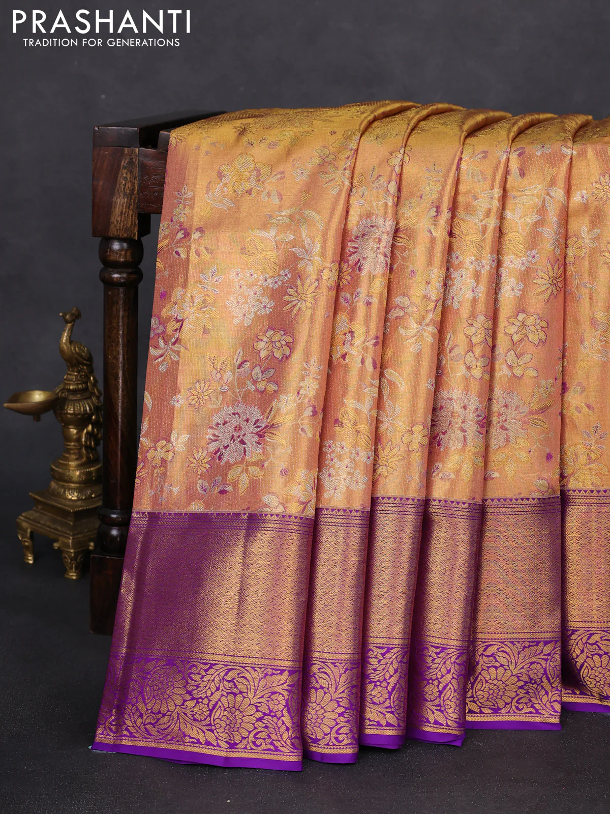 Pure kanchipuram tissue silk saree gold and violet with allover zari woven mina weaves and long zari woven border