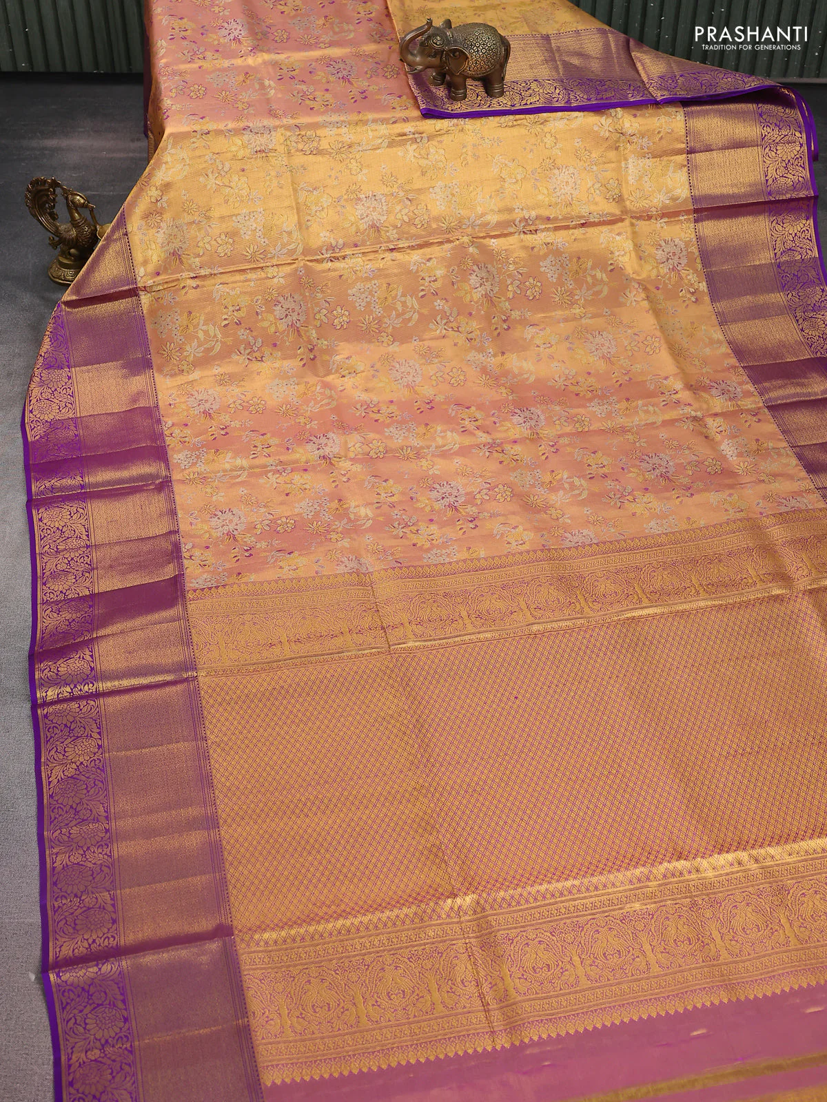 Pure kanchipuram tissue silk saree gold and violet with allover zari woven mina weaves and long zari woven border - Image 2