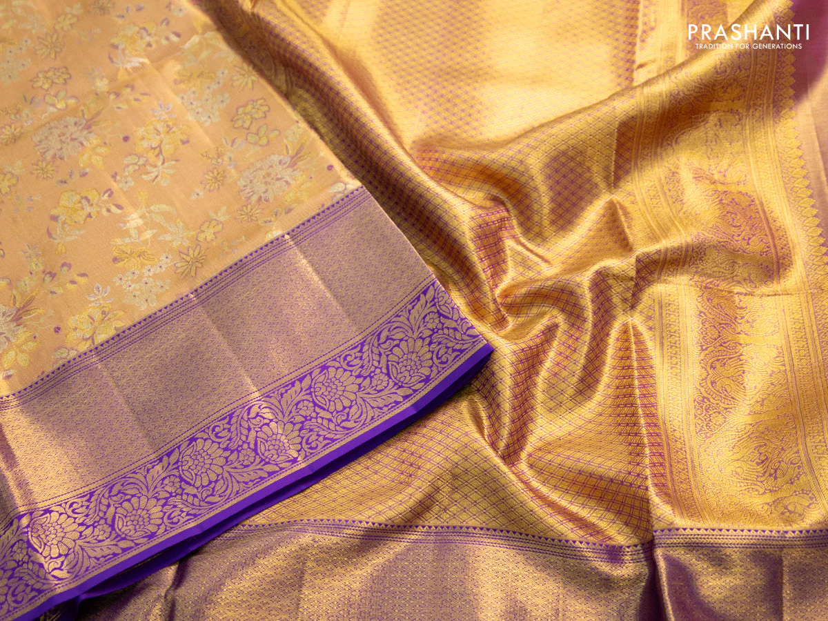 Pure kanchipuram tissue silk saree gold and violet with allover zari woven mina weaves and long zari woven border - Image 3
