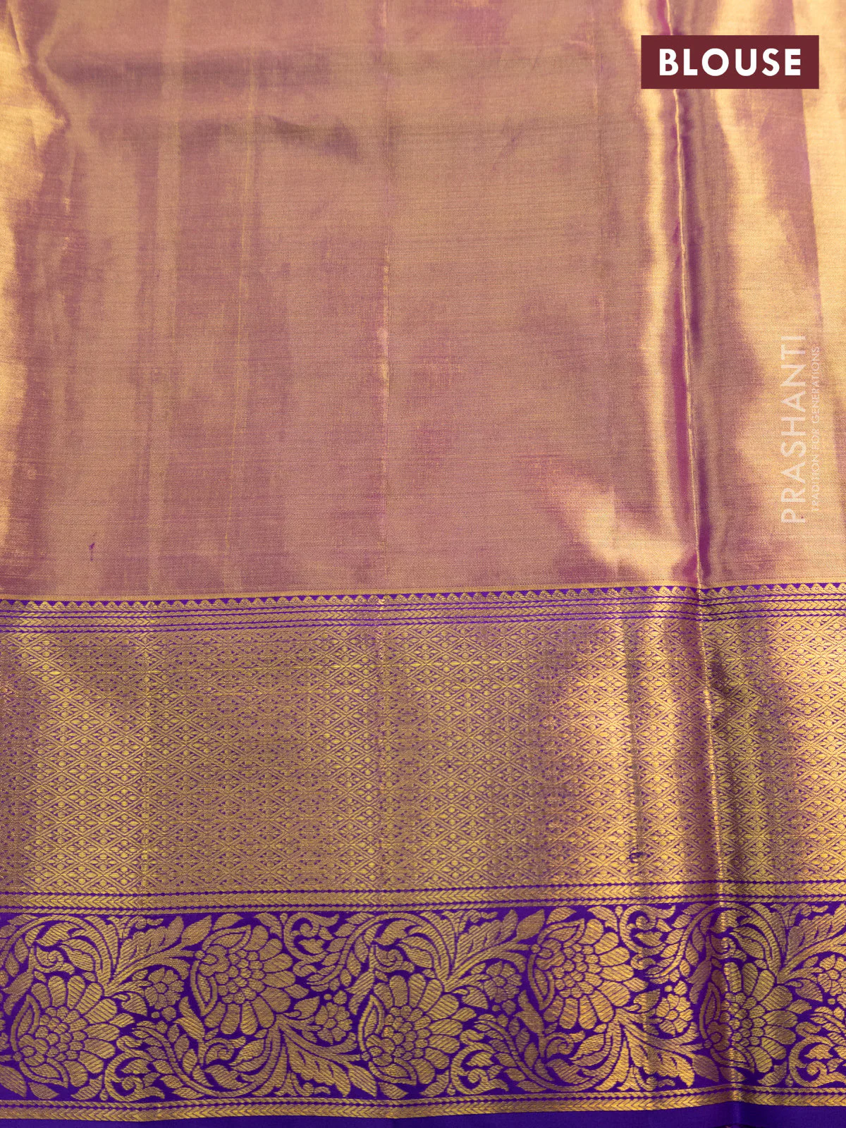 Pure kanchipuram tissue silk saree gold and violet with allover zari woven mina weaves and long zari woven border - Image 4