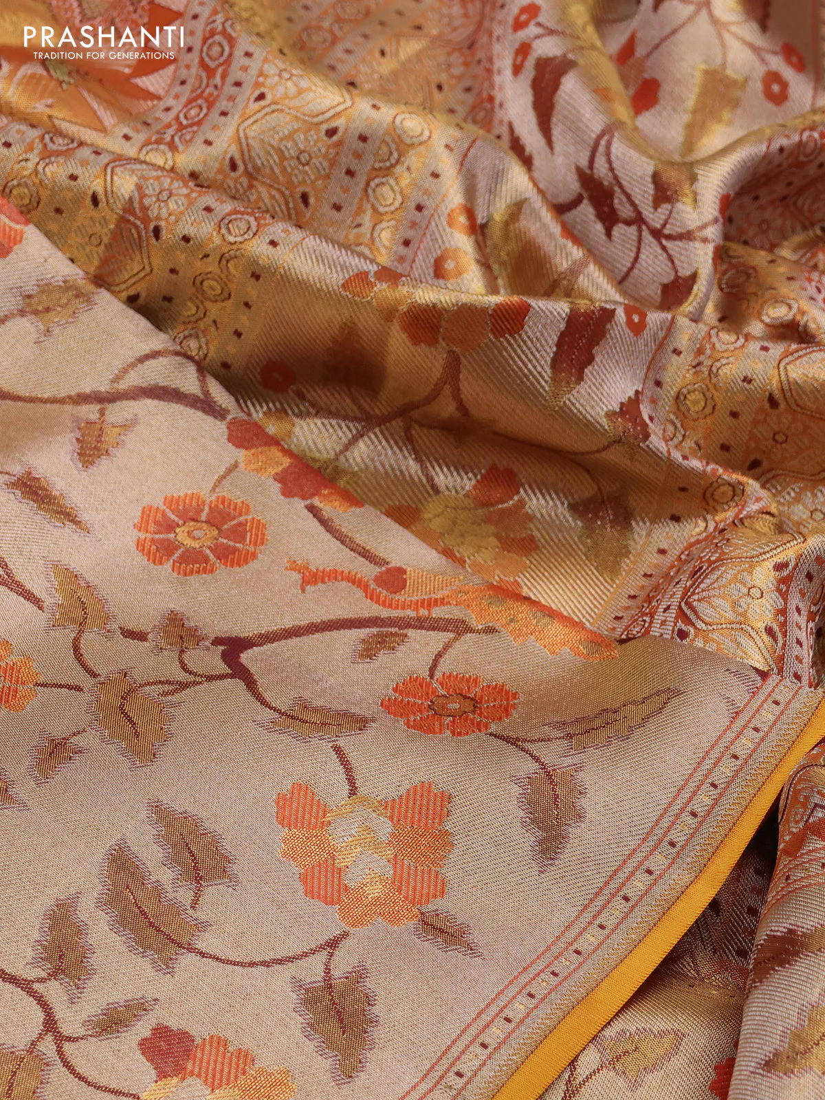 Pure kanchipuram tissue silk saree gold with allover jamdhani weaves and long zari woven floral border - Image 3