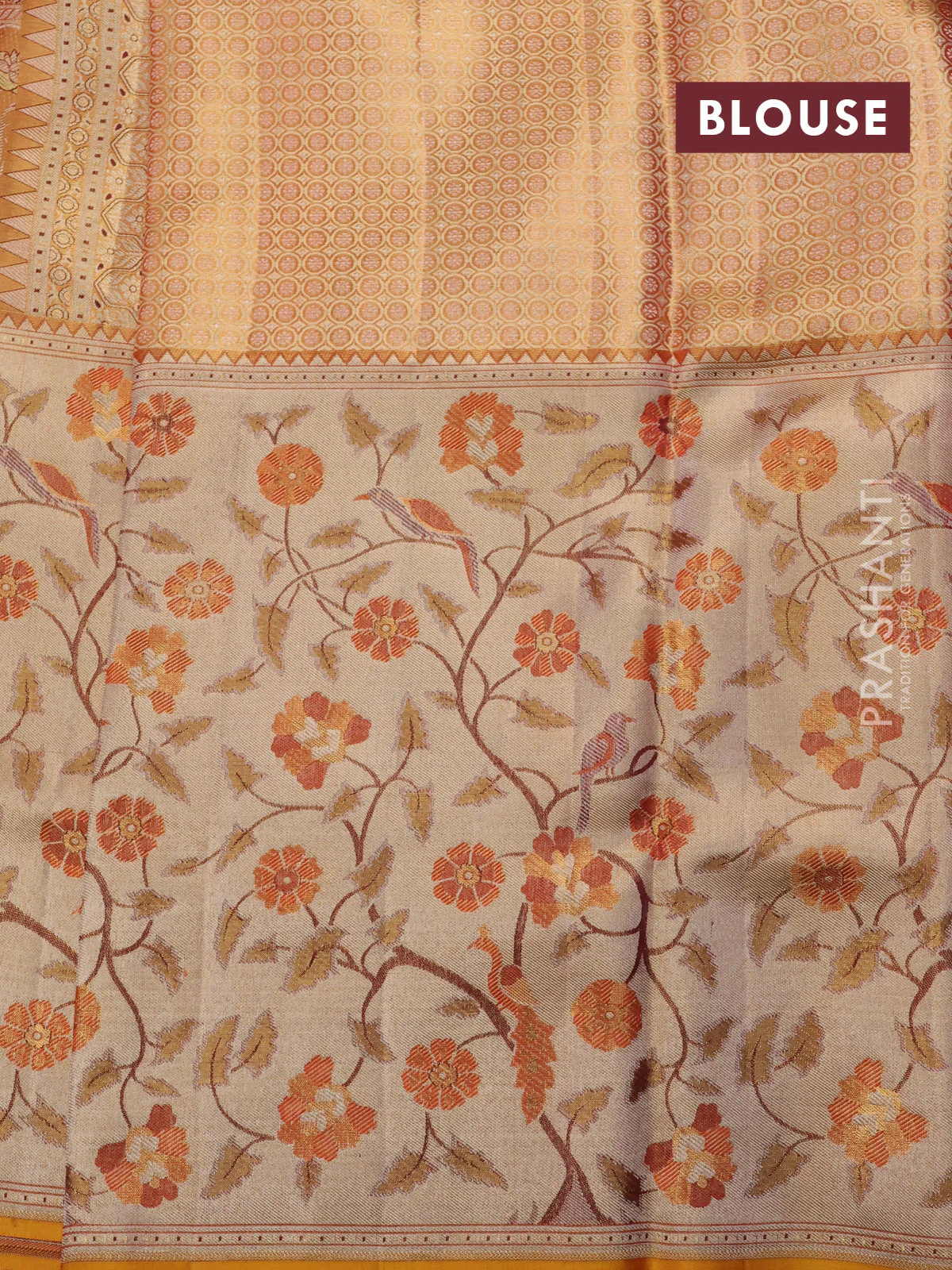 Pure kanchipuram tissue silk saree gold with allover jamdhani weaves and long zari woven floral border - Image 4