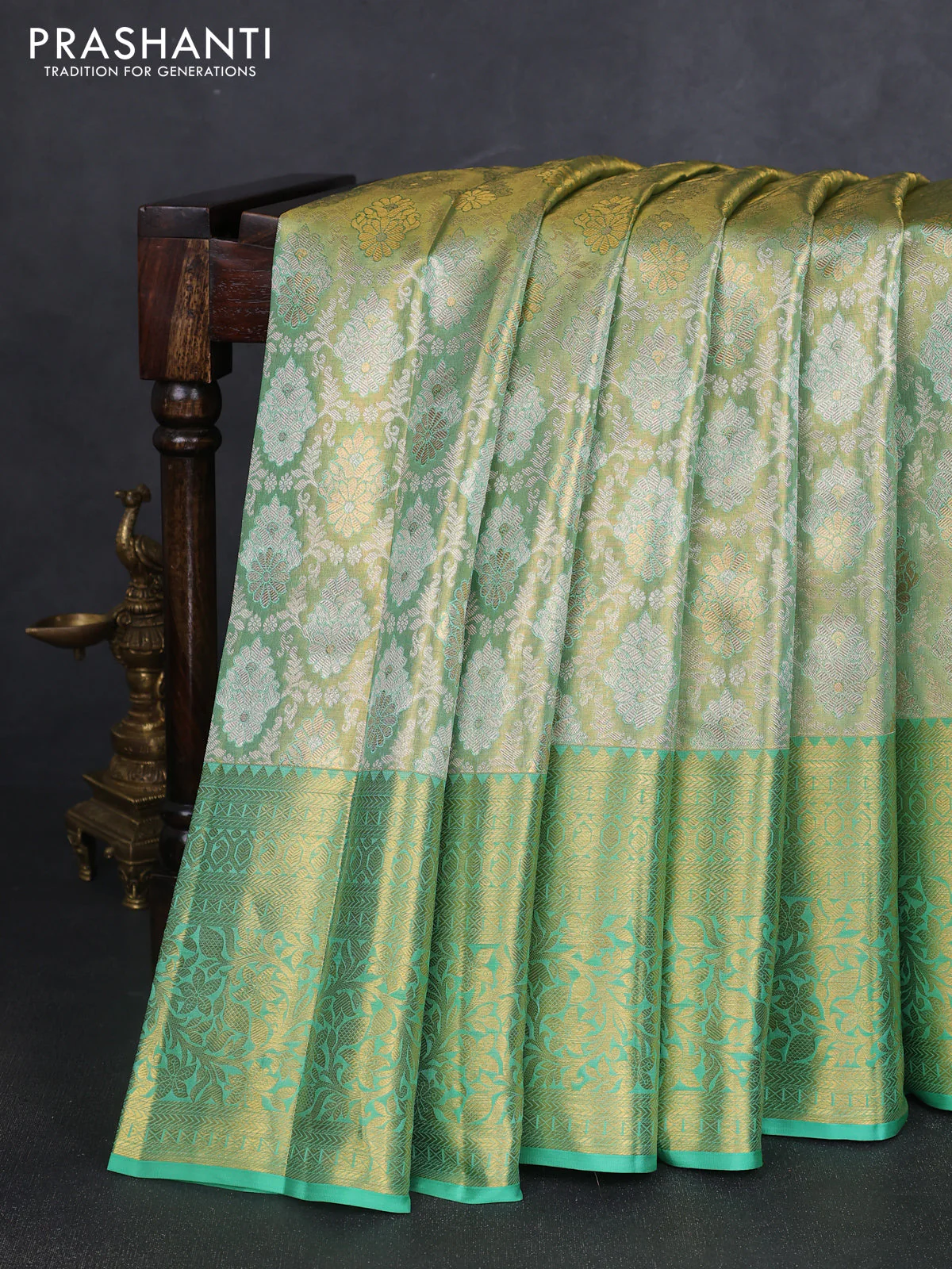 Pure kanchipuram tissue silk saree golden teal and teal green shade with allover zari woven brocade weaves and long rich zari woven border