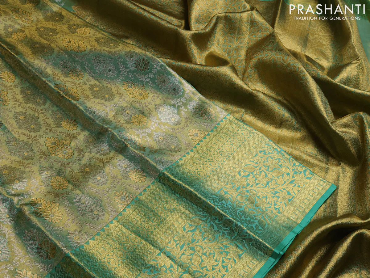 Pure kanchipuram tissue silk saree golden teal and teal green shade with allover zari woven brocade weaves and long rich zari woven border - Image 3