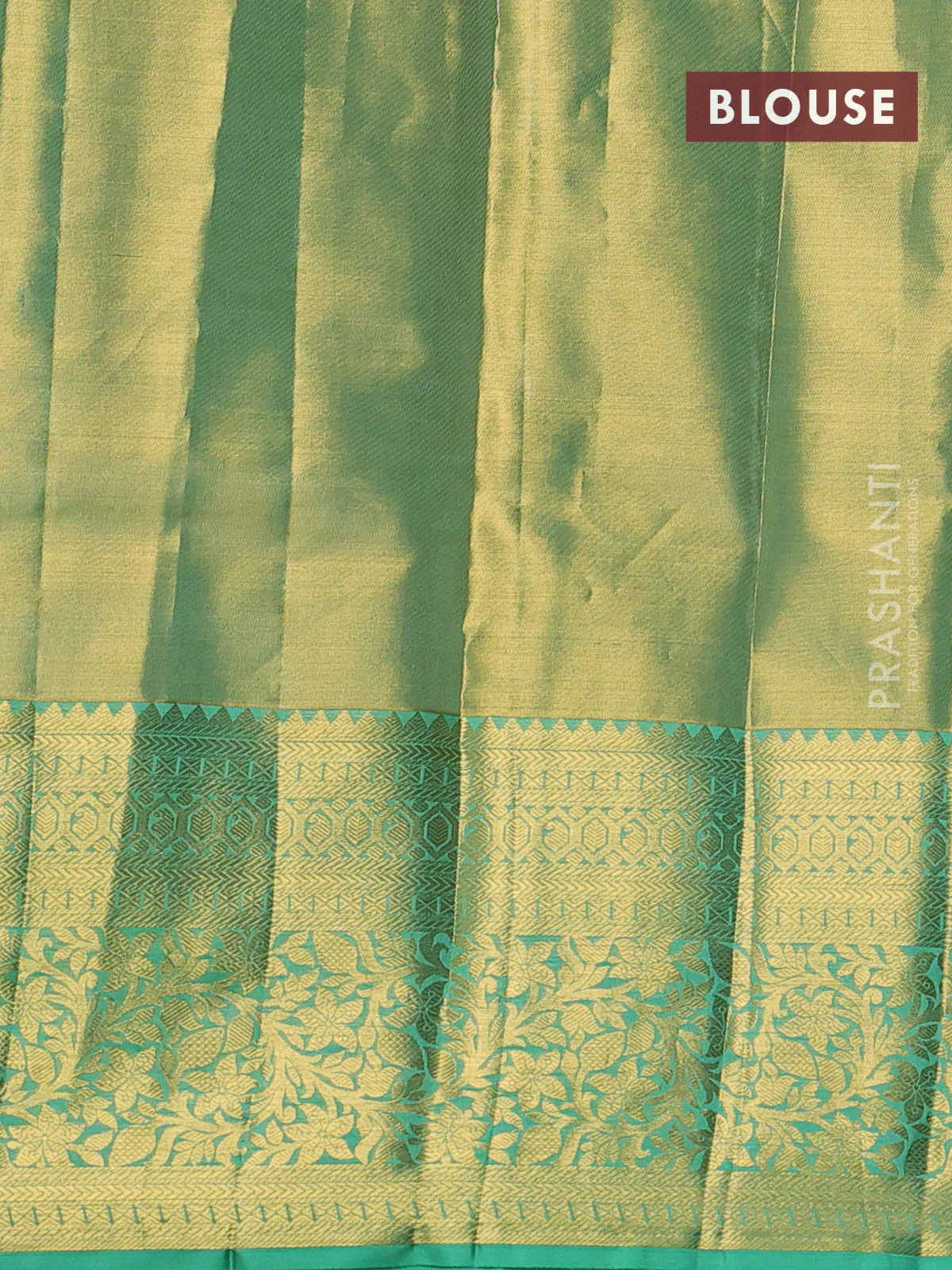 Pure kanchipuram tissue silk saree golden teal and teal green shade with allover zari woven brocade weaves and long rich zari woven border - Image 4