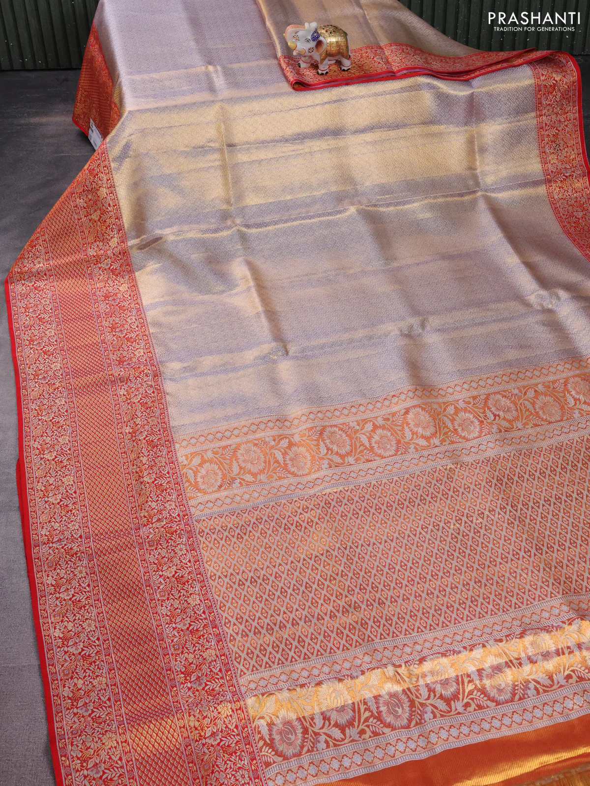 Pure Kanchipuram tissue silk saree grey and red with allover zari woven brocade weaves and long zari woven border - Image 2
