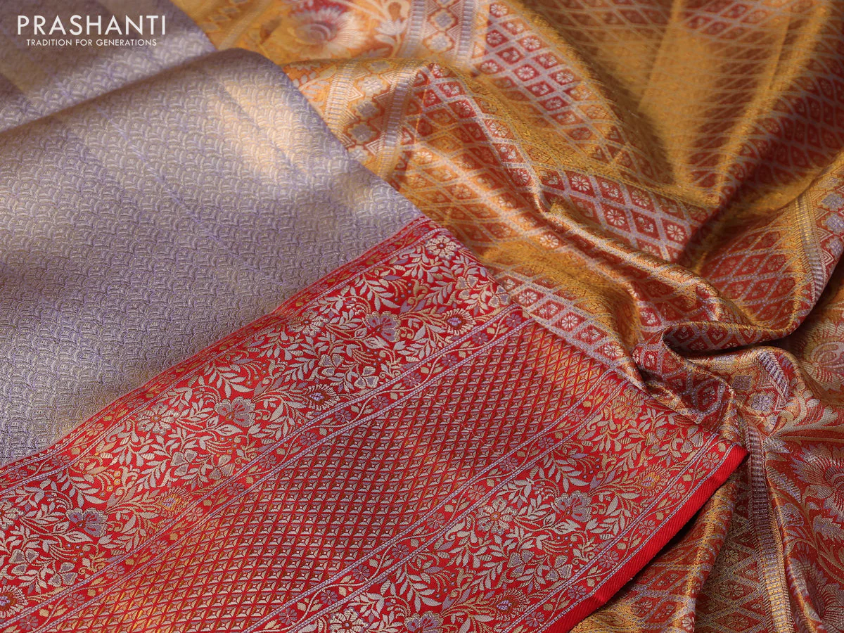 Pure Kanchipuram tissue silk saree grey and red with allover zari woven brocade weaves and long zari woven border - Image 3