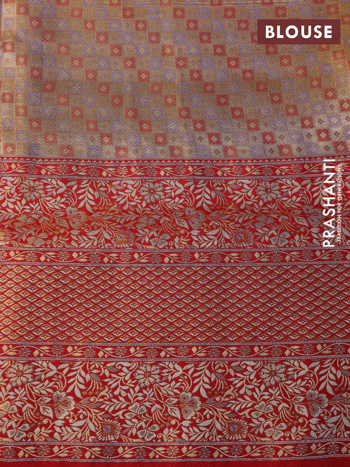 Pure Kanchipuram tissue silk saree grey and red with allover zari woven brocade weaves and long zari woven border - Image 4