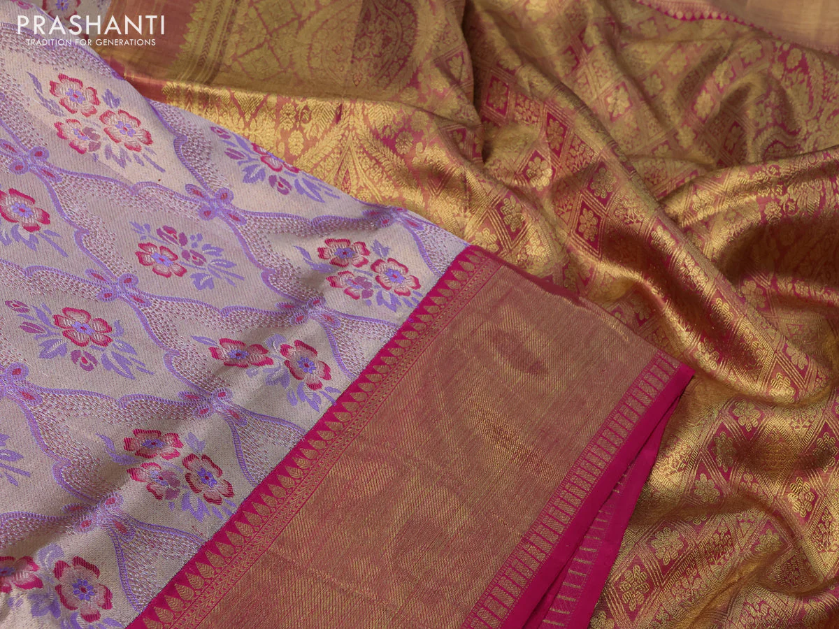 Pure kanchipuram tissue silk saree lavender and pink with allover thread & zari woven brocade weaves and long rich zari woven border - Image 3