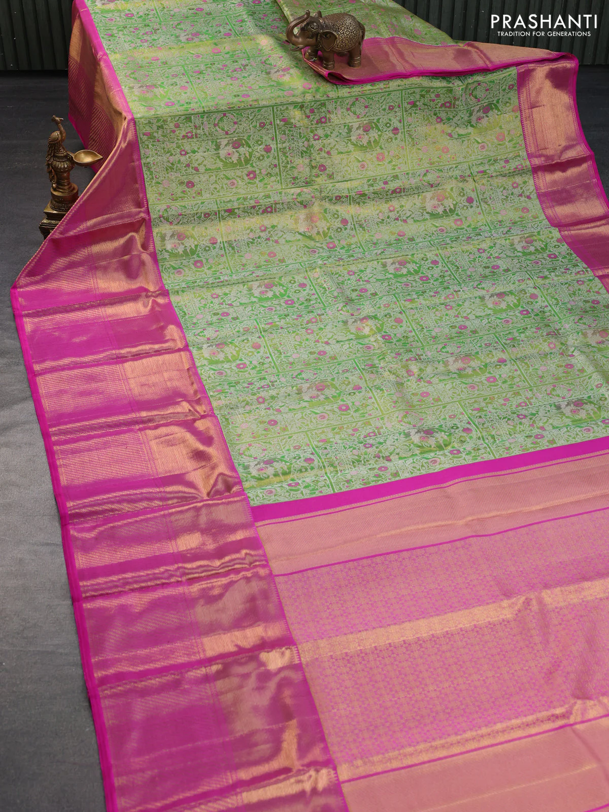 Pure kanchipuram tissue silk saree light green and pink with allover silver zari woven brocade weaves and long zari woven border - Image 2