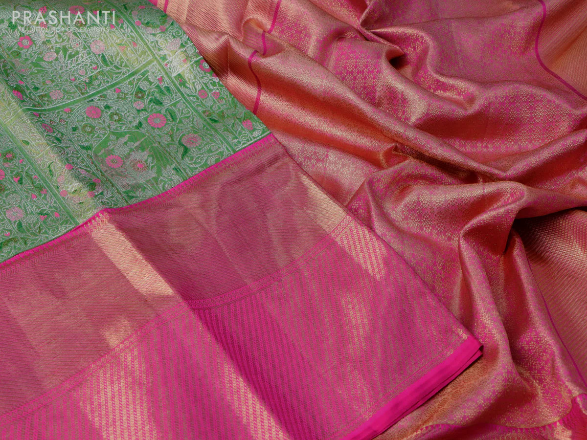 Pure kanchipuram tissue silk saree light green and pink with allover silver zari woven brocade weaves and long zari woven border - Image 3